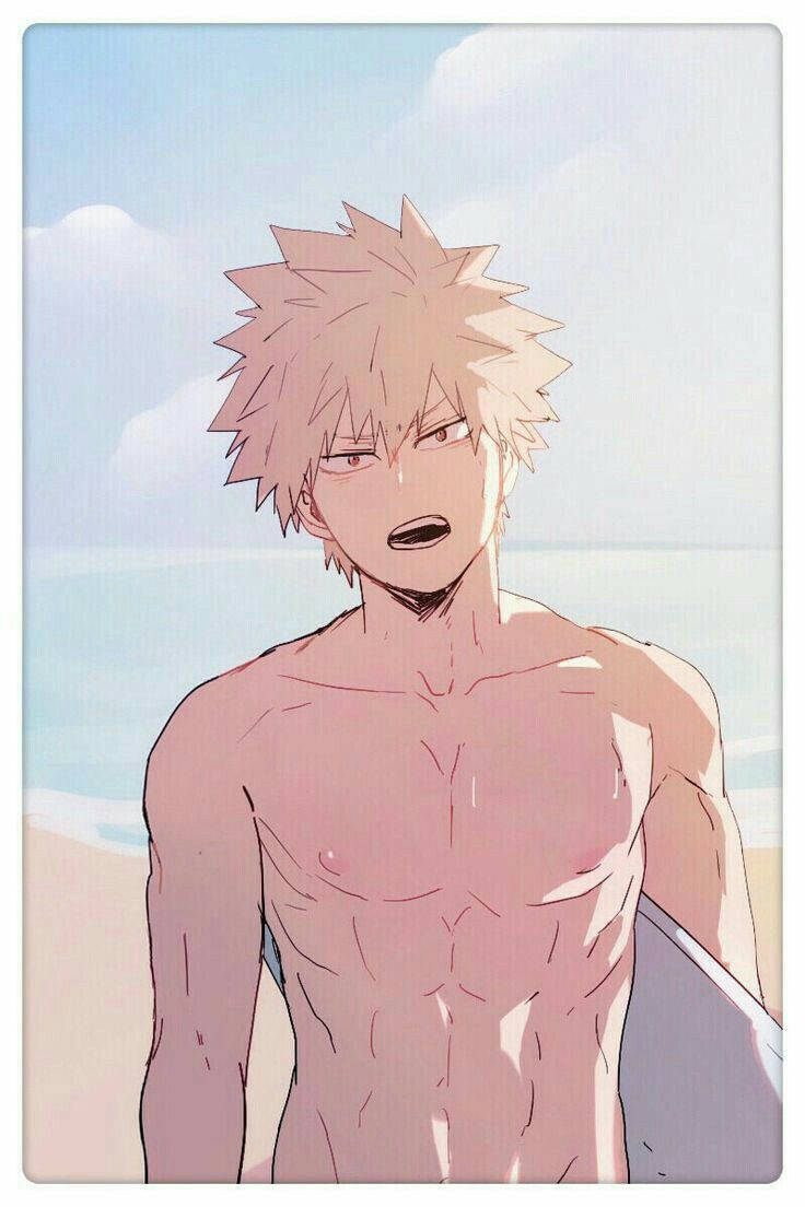 Cute Bakugo, spiky blonde hair, surfboard, SD Phone Wallpaper