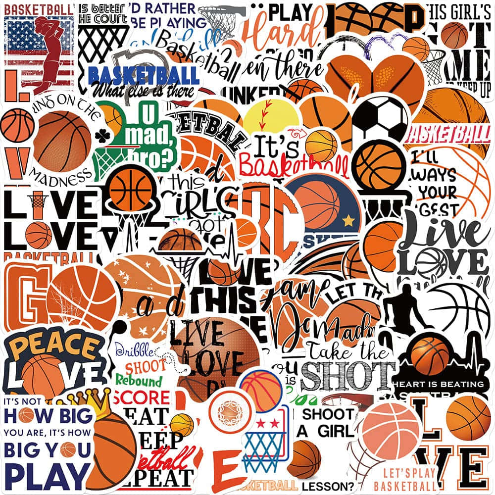basketball-themed stickers, text phrases, ball graphics, SD Desktop Wallpaper