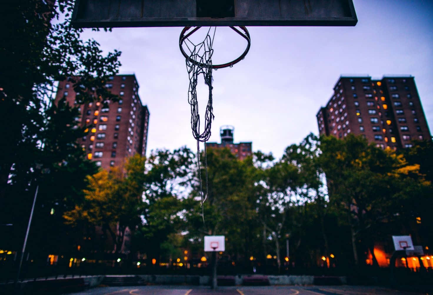 urban basketball court, dusk, twilight sky, HD Desktop Wallpaper