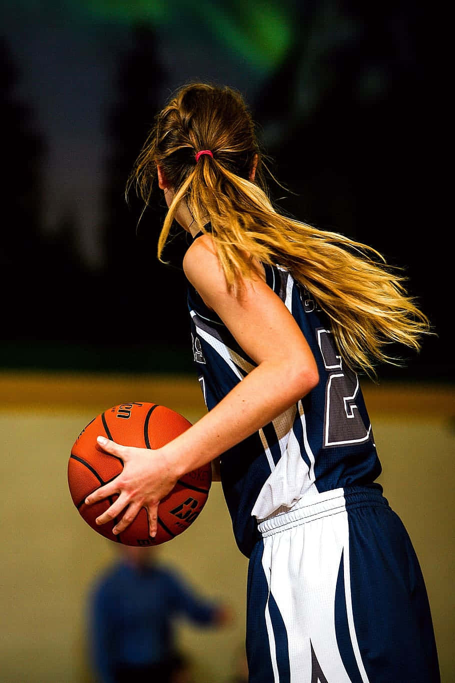 young female basketball player, navy and white uniform, orange ball, HD Phone Wallpaper