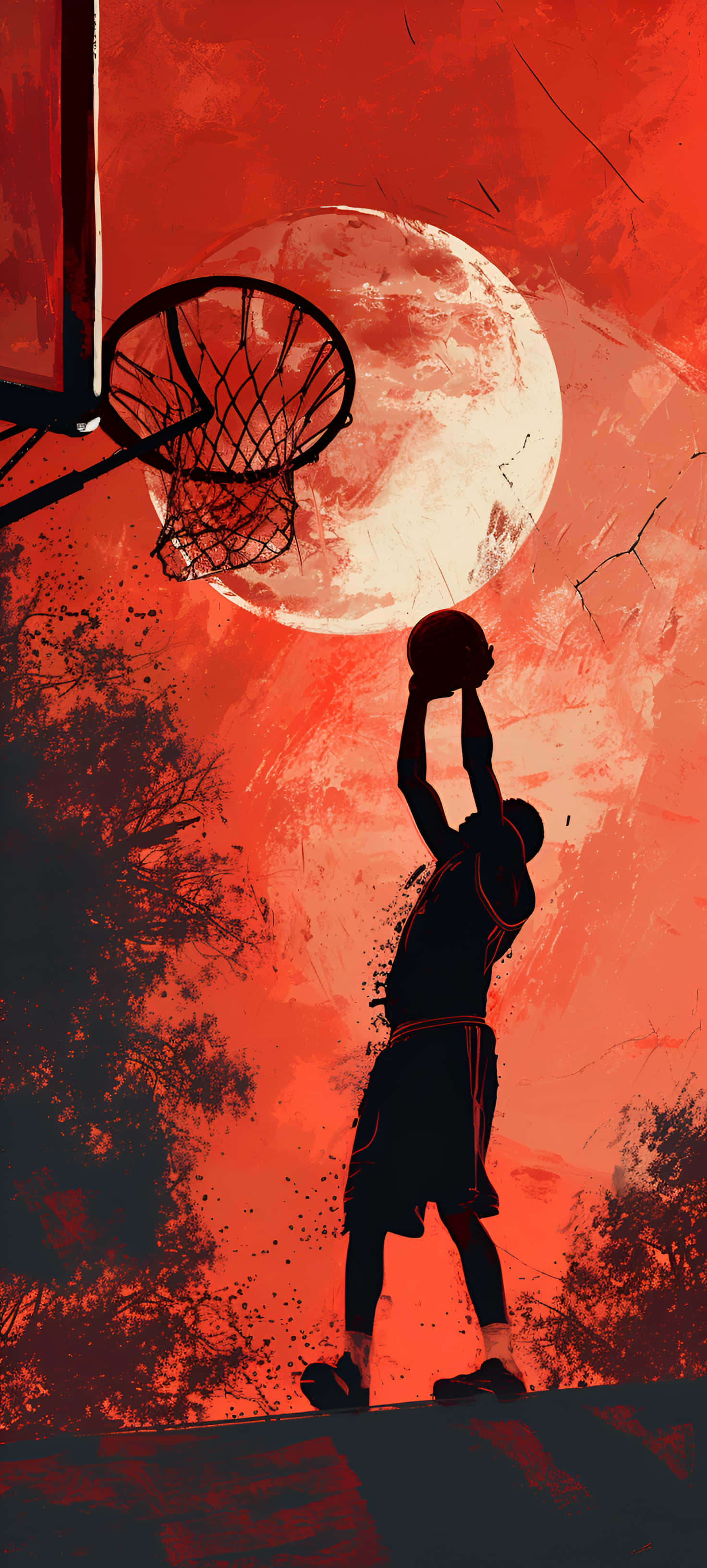 moonlit basketball shot, fiery red sky, giant moon, 2K Phone Wallpaper