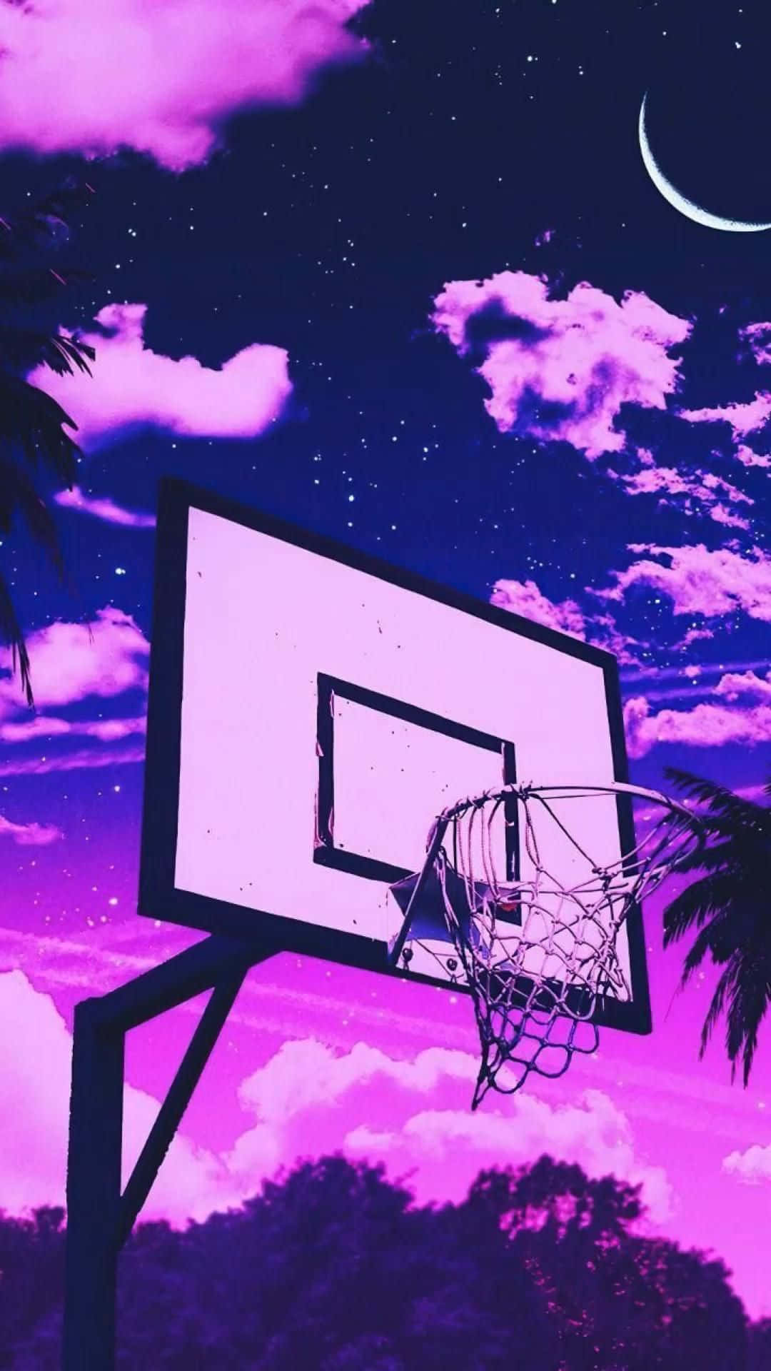cute pink basketball hoop, night sky, surreal purple sky, Full HD Phone Wallpaper