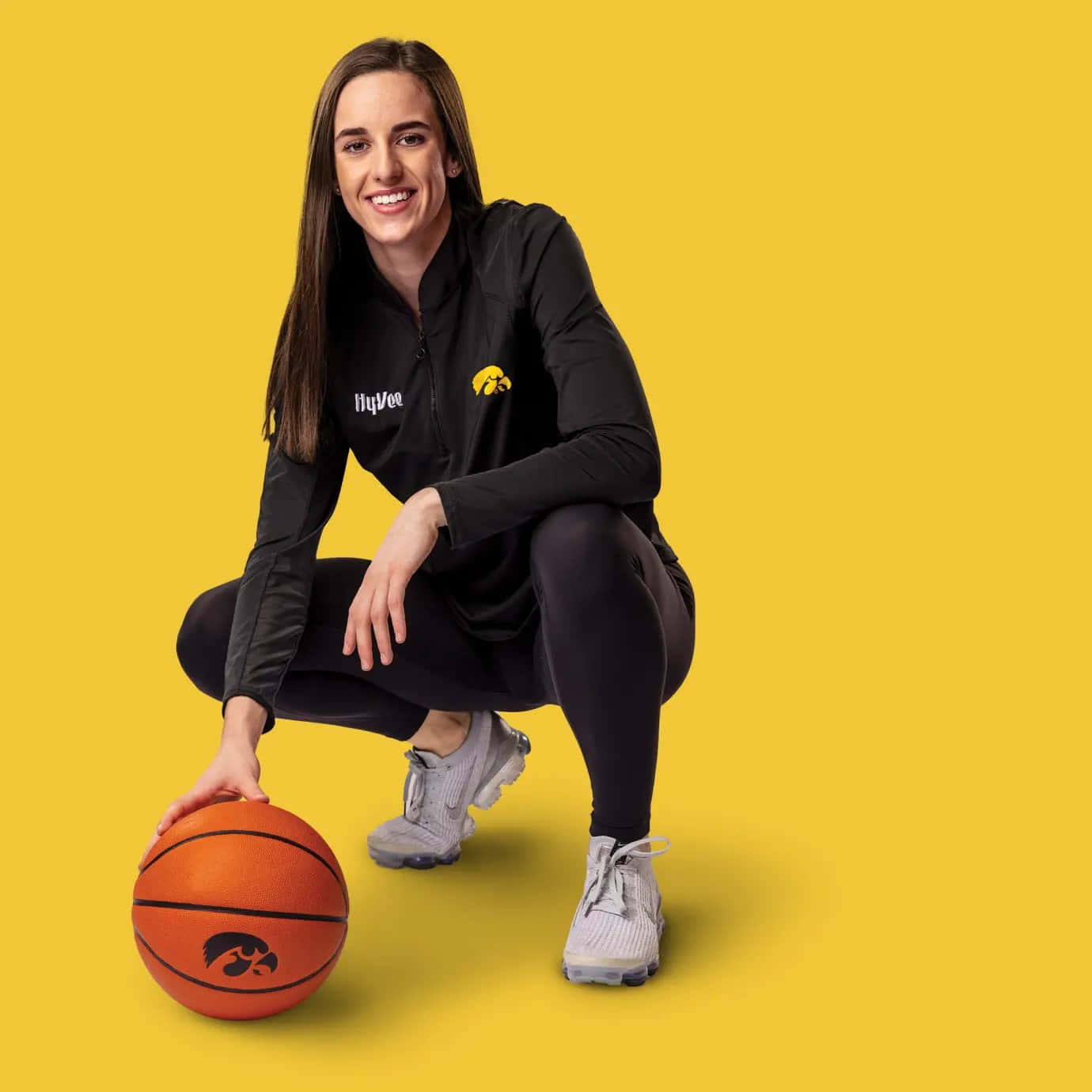 female basketball player, black athletic wear, vibrant yellow background, HD Desktop Wallpaper