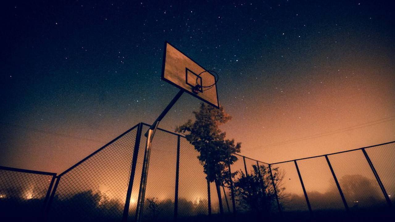 basketball hoop, starry night sky, orange glow, HD Desktop Wallpaper