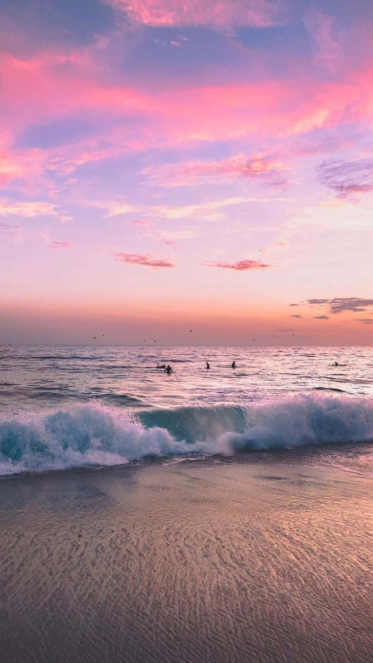 iPhone, turquoise waves, pink and purple sunset sky, HD Phone Wallpaper
