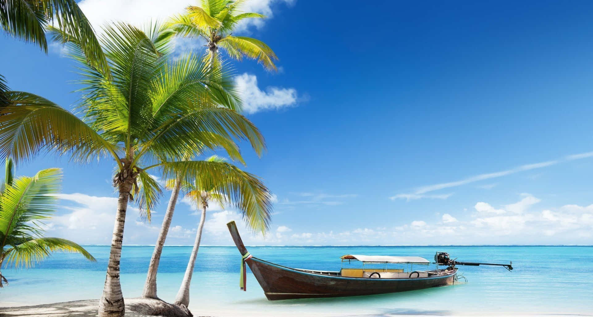longtail boat, turquoise waters, palm trees, Full HD Desktop Wallpaper