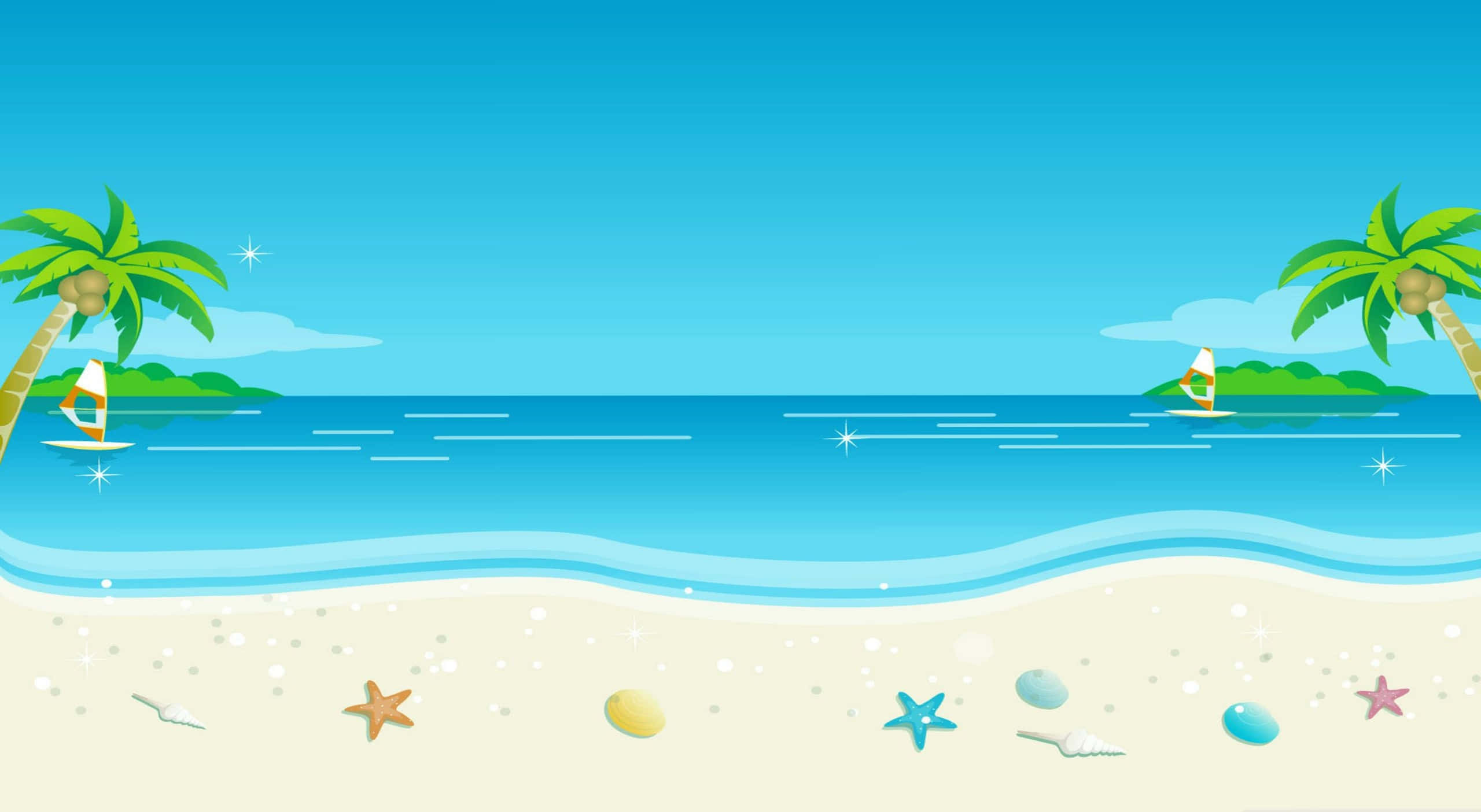 cute beach, cartoon beach scene, palm trees, 2K Desktop Wallpaper