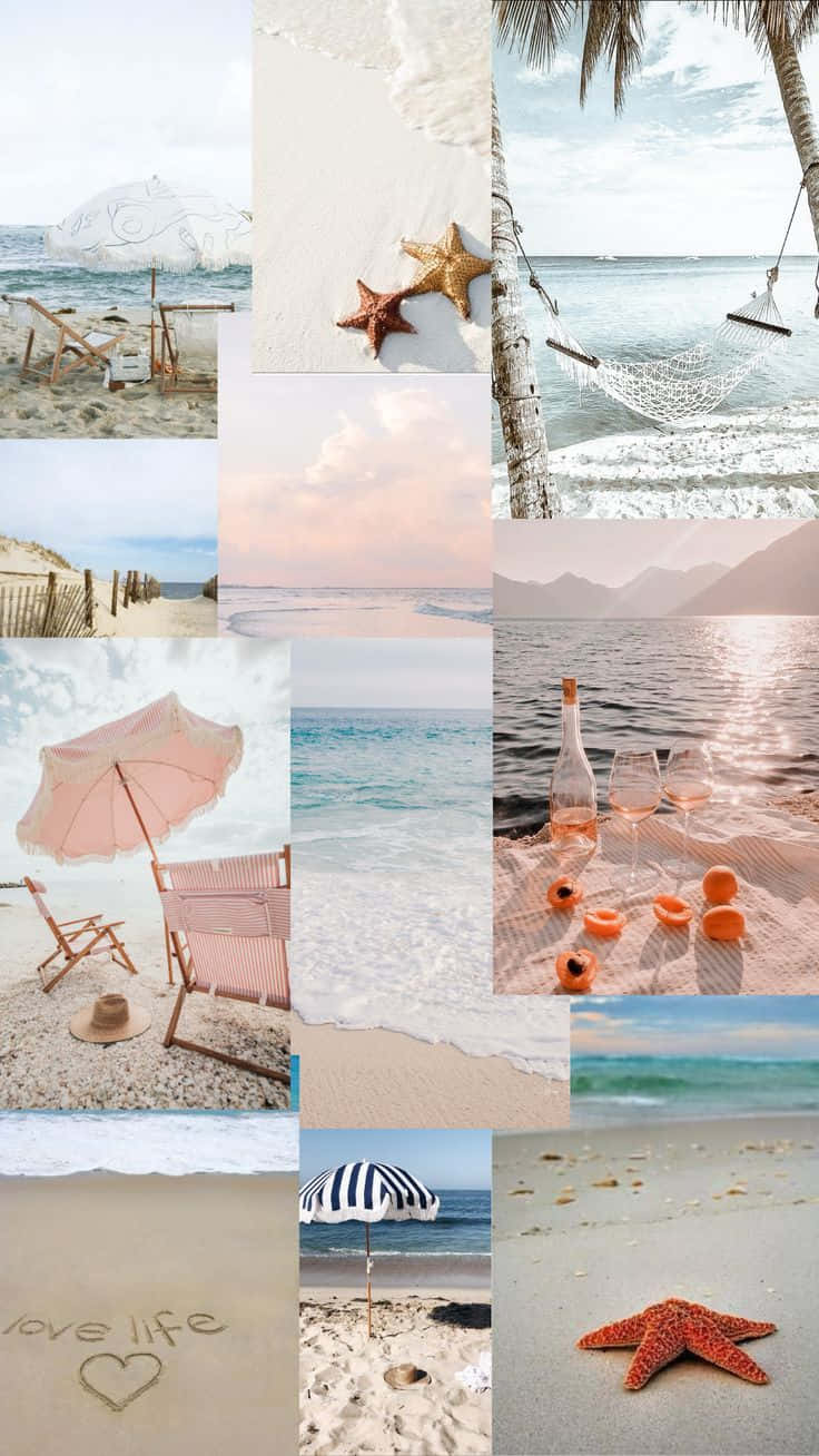 beach collage, starfish, sand chairs, HD Phone Wallpaper