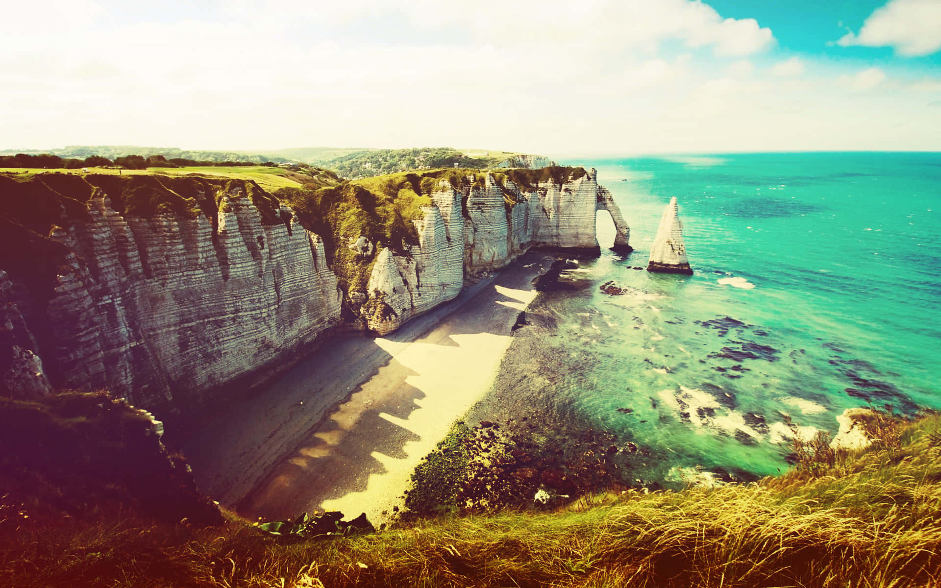 white cliffs, natural arch, sailboat, Full HD Desktop Wallpaper