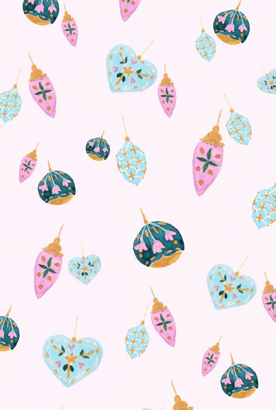 pastel watercolor ornaments, pink blue and teal, gold accents, SD Phone Wallpaper
