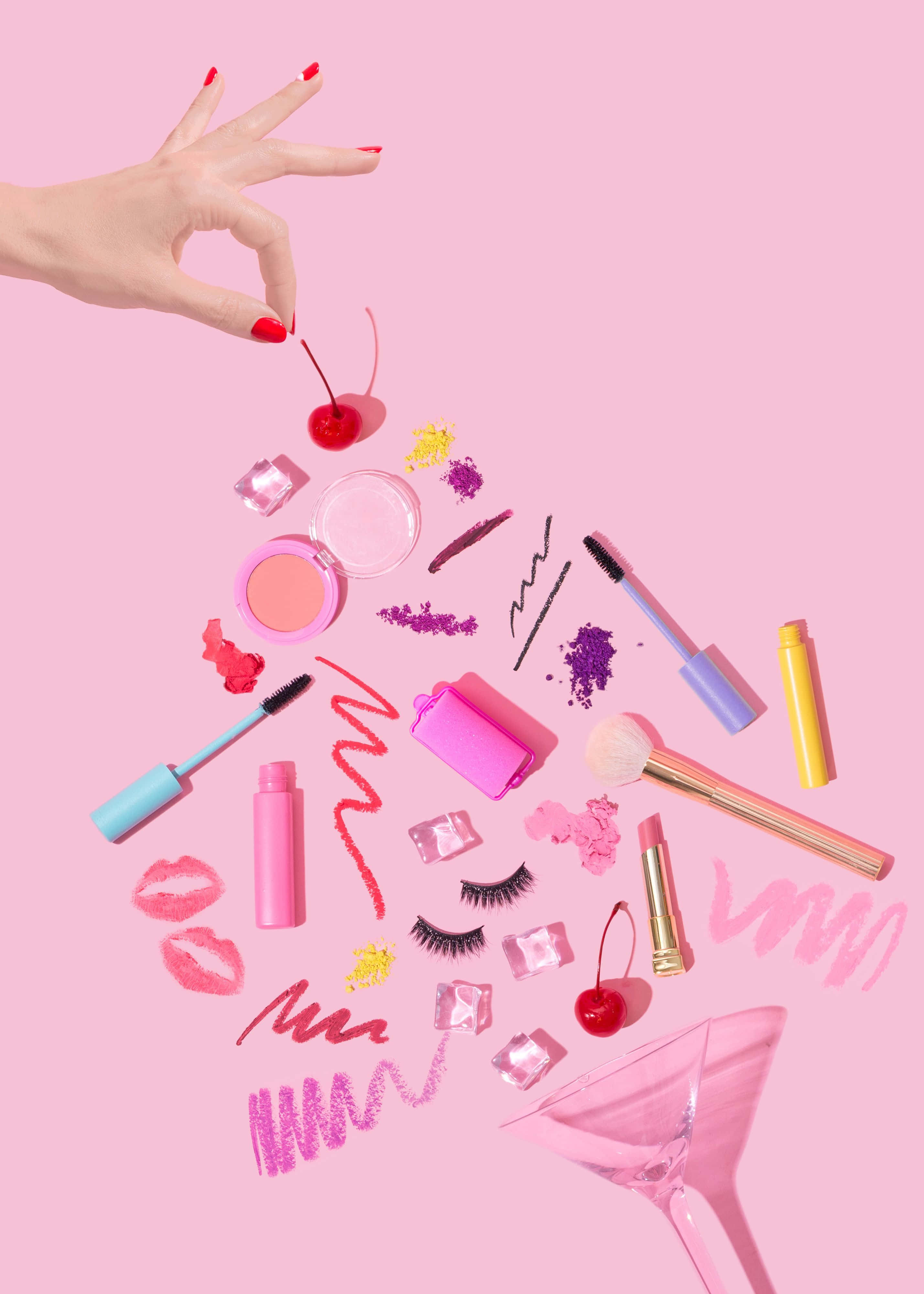 red nails, scattered makeup items, cherries, 4K Phone Wallpaper