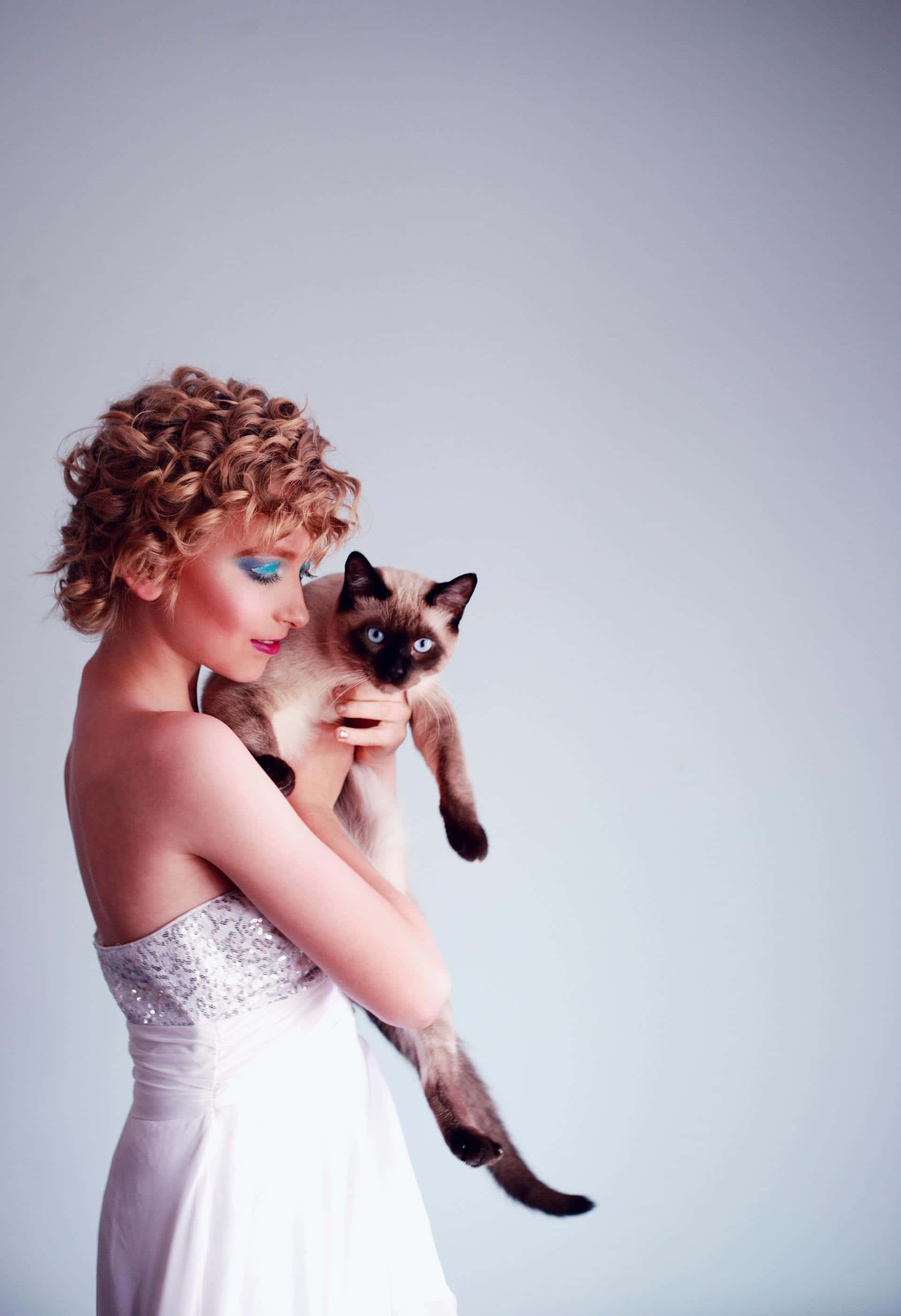 elegant woman, siamese cat, white sequined dress, 2K Phone Wallpaper