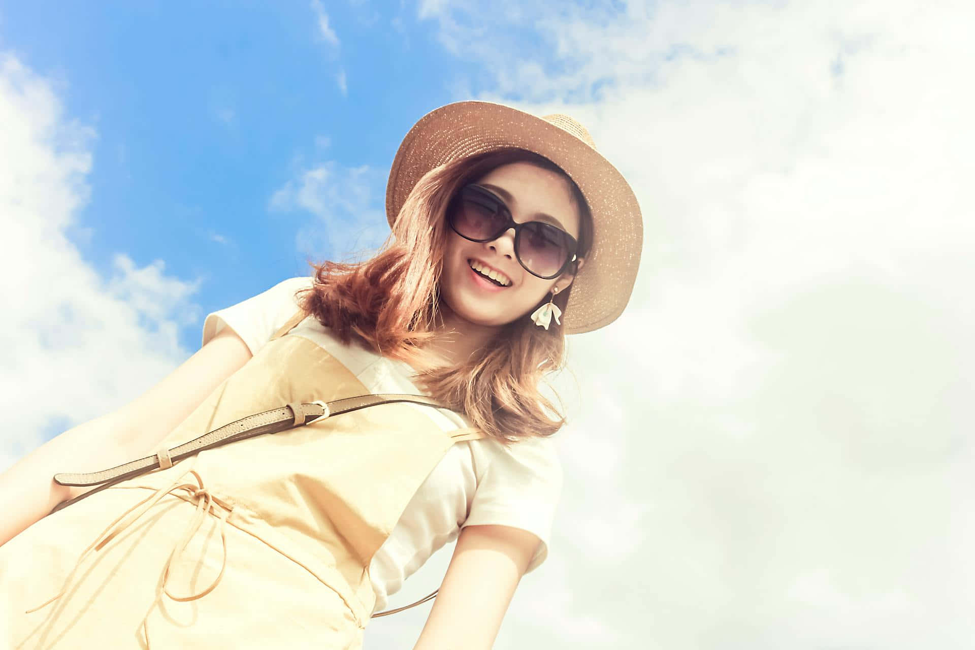 summer joy, smiling woman, straw hat, Full HD Desktop Wallpaper