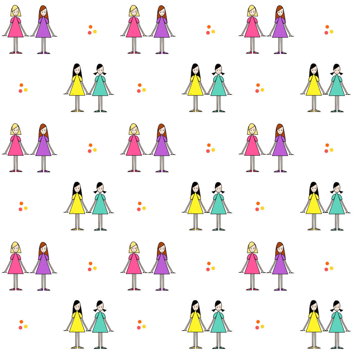 cute girl best friend pattern, stylized girls, colorful dresses, SD Desktop Wallpaper