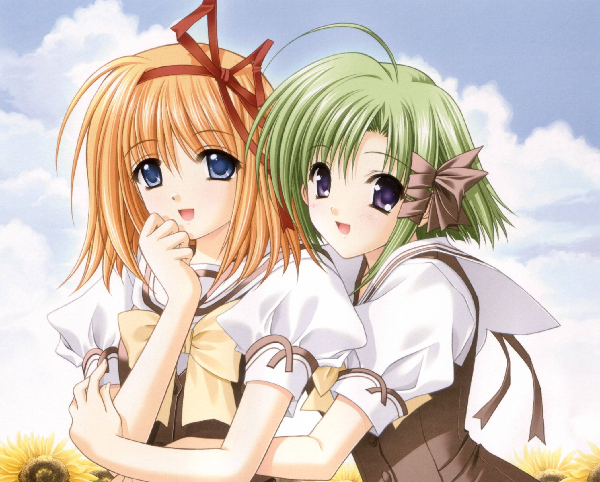 anime girls, orange hair, green hair, Full HD Desktop Wallpaper