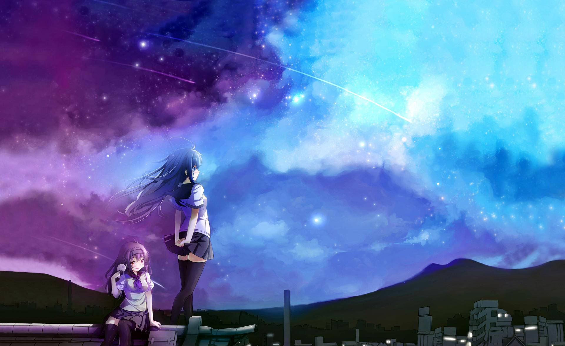 Cute Anime Best Friend Sky, starry sky, cosmic trails, Full HD Desktop Wallpaper