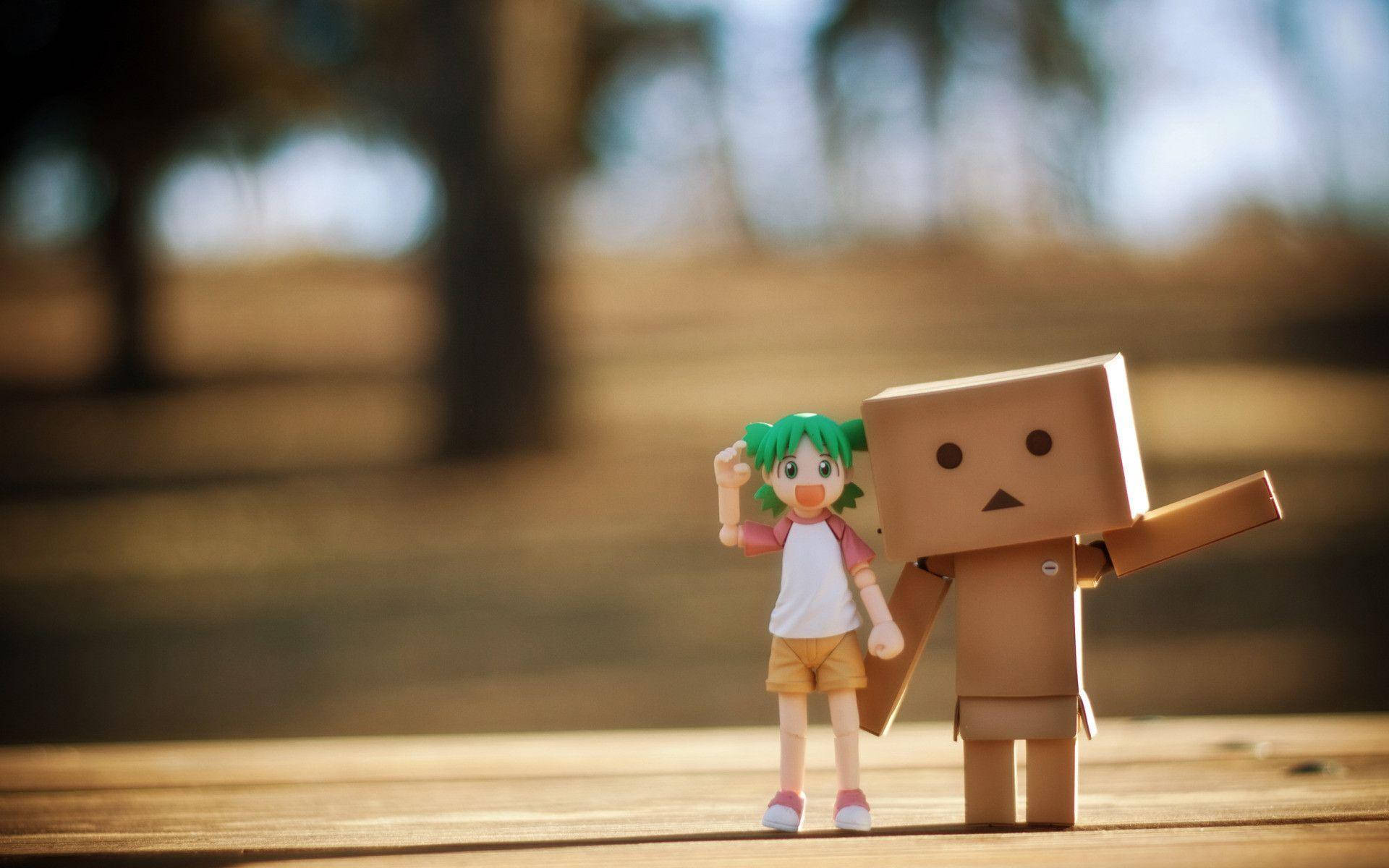 Cute Best Friend Action Figures, green-haired anime girl figurine, cardboard box robot, Full HD Desktop Wallpaper