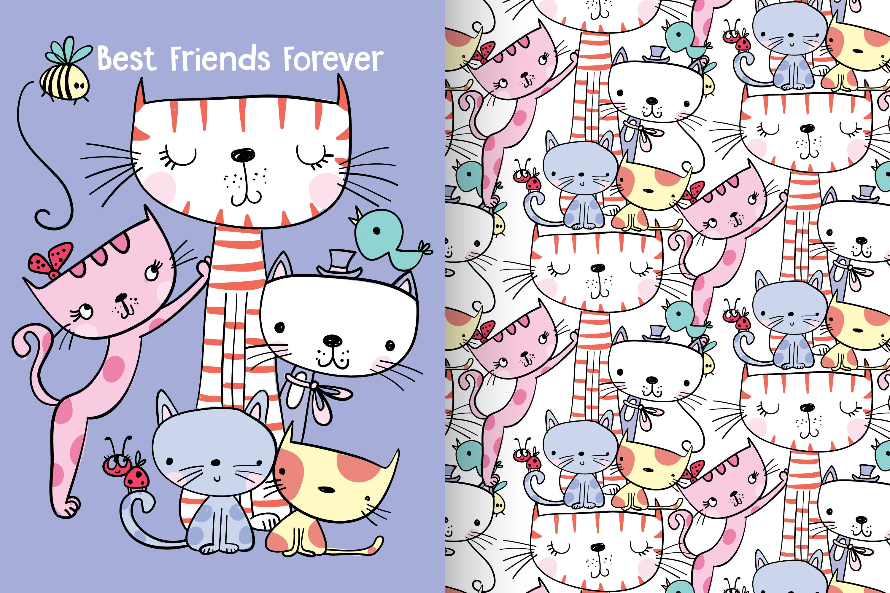 Cute Best Friend Kitty Art, Best Friends Forever, cartoon illustration, 2K Desktop Wallpaper