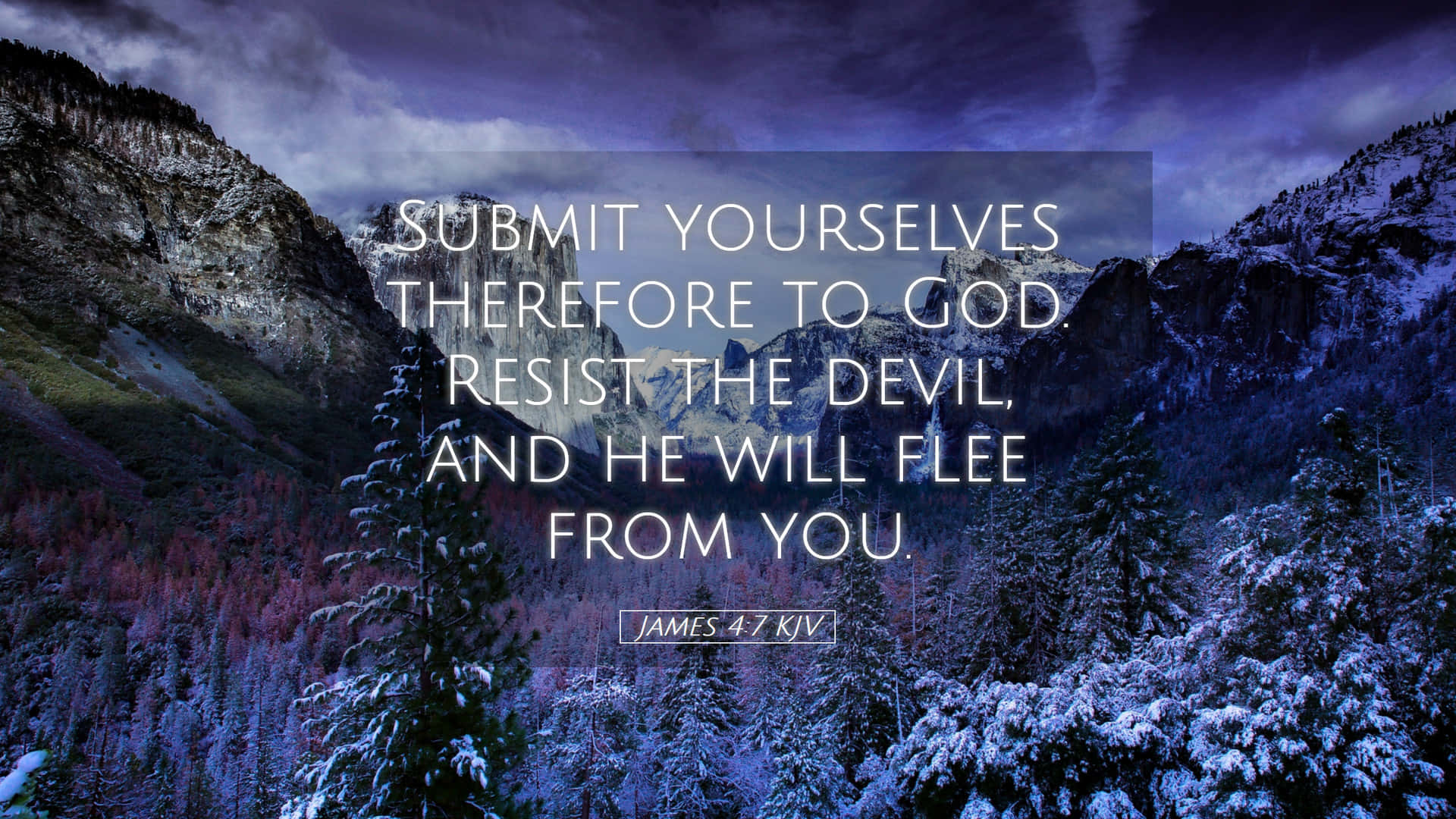 Passionate Bible Verse, snow-dusted pine trees, rugged mountains, Full HD Desktop Wallpaper