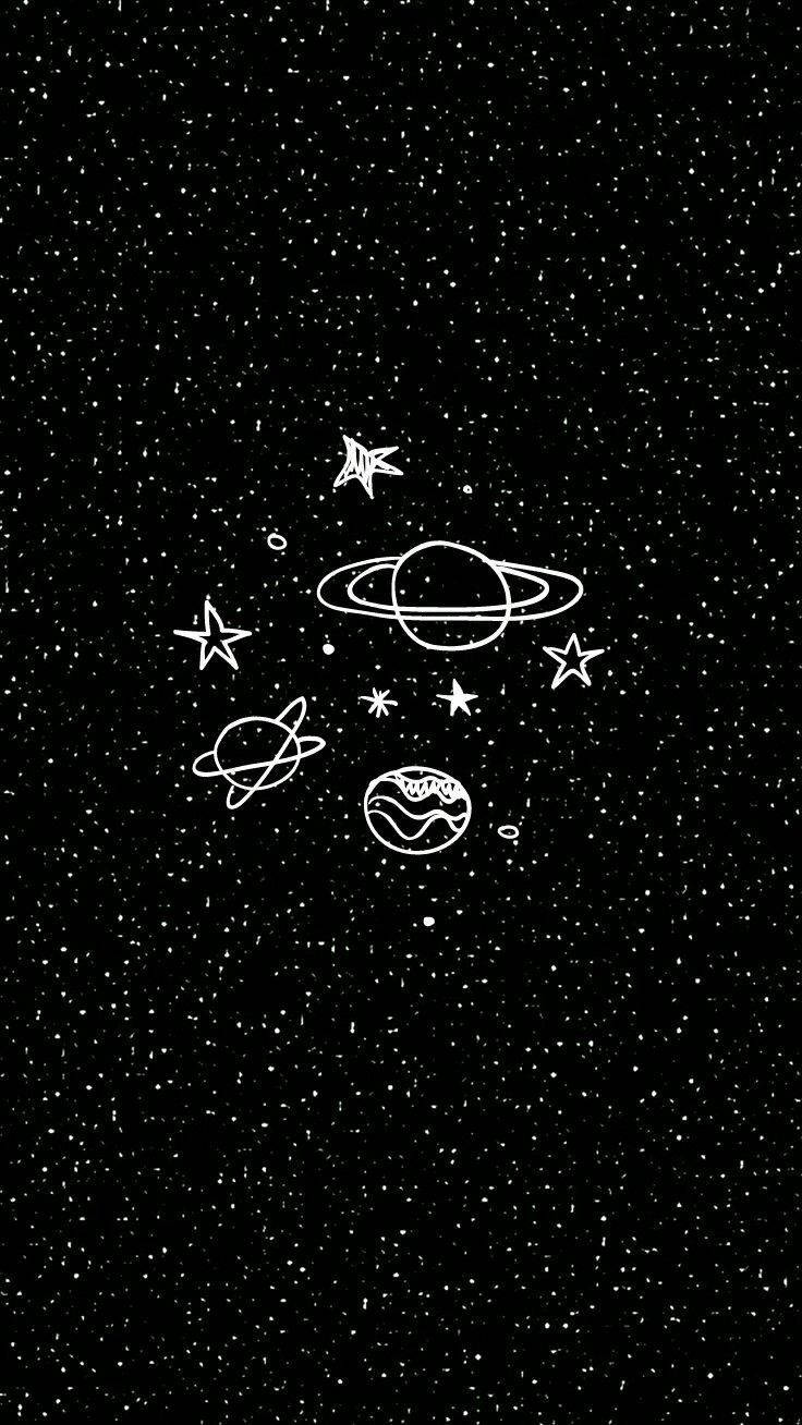 Cute Black Galaxy Aesthetic, minimalist white line drawing, planets and stars, HD Phone Wallpaper