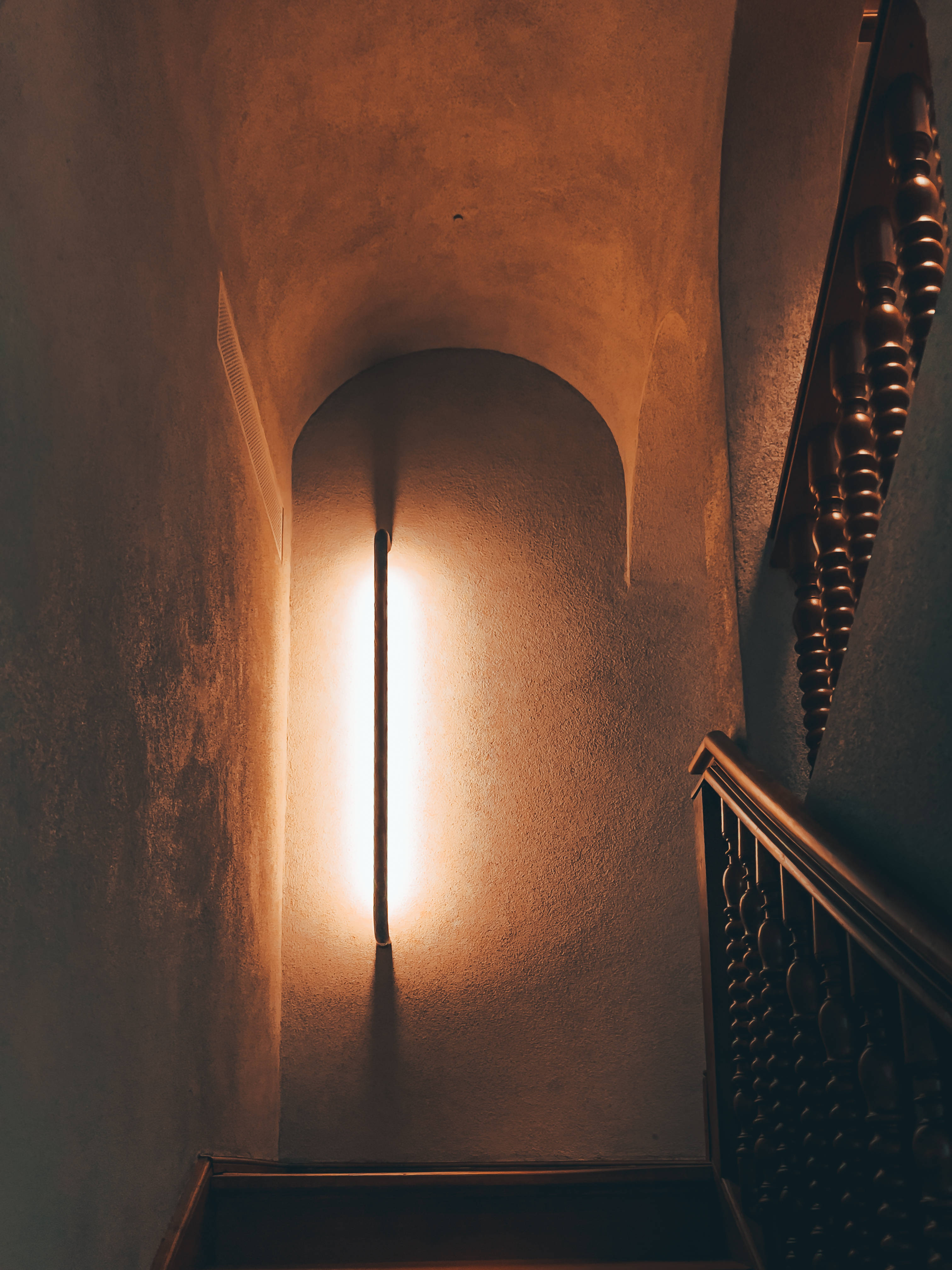 cute black stair light aesthetic, arched stairwell, textured walls, 4K Phone Wallpaper