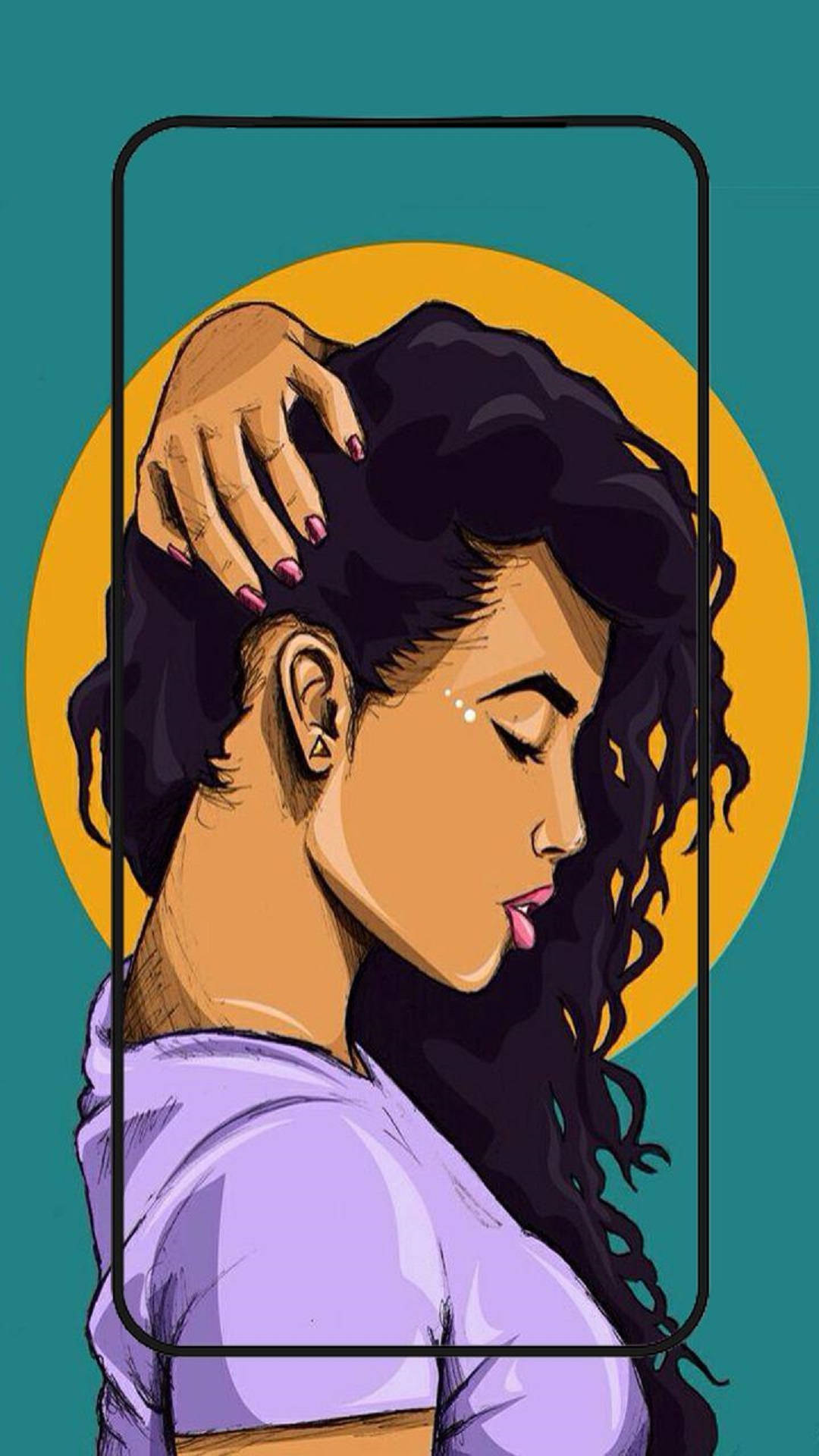 cute black girl portrait art, dark curly hair, teal and yellow circular background, Full HD Phone Wallpaper