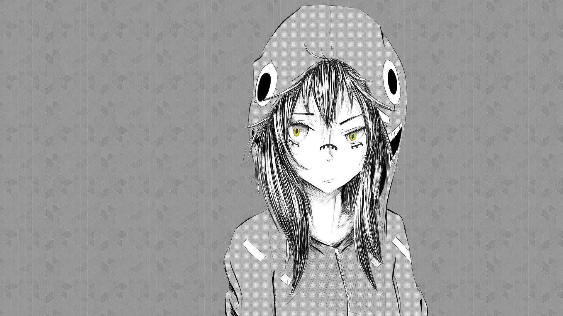 shark hooded jacket, yellow eyes, monochrome, Full HD Desktop Wallpaper