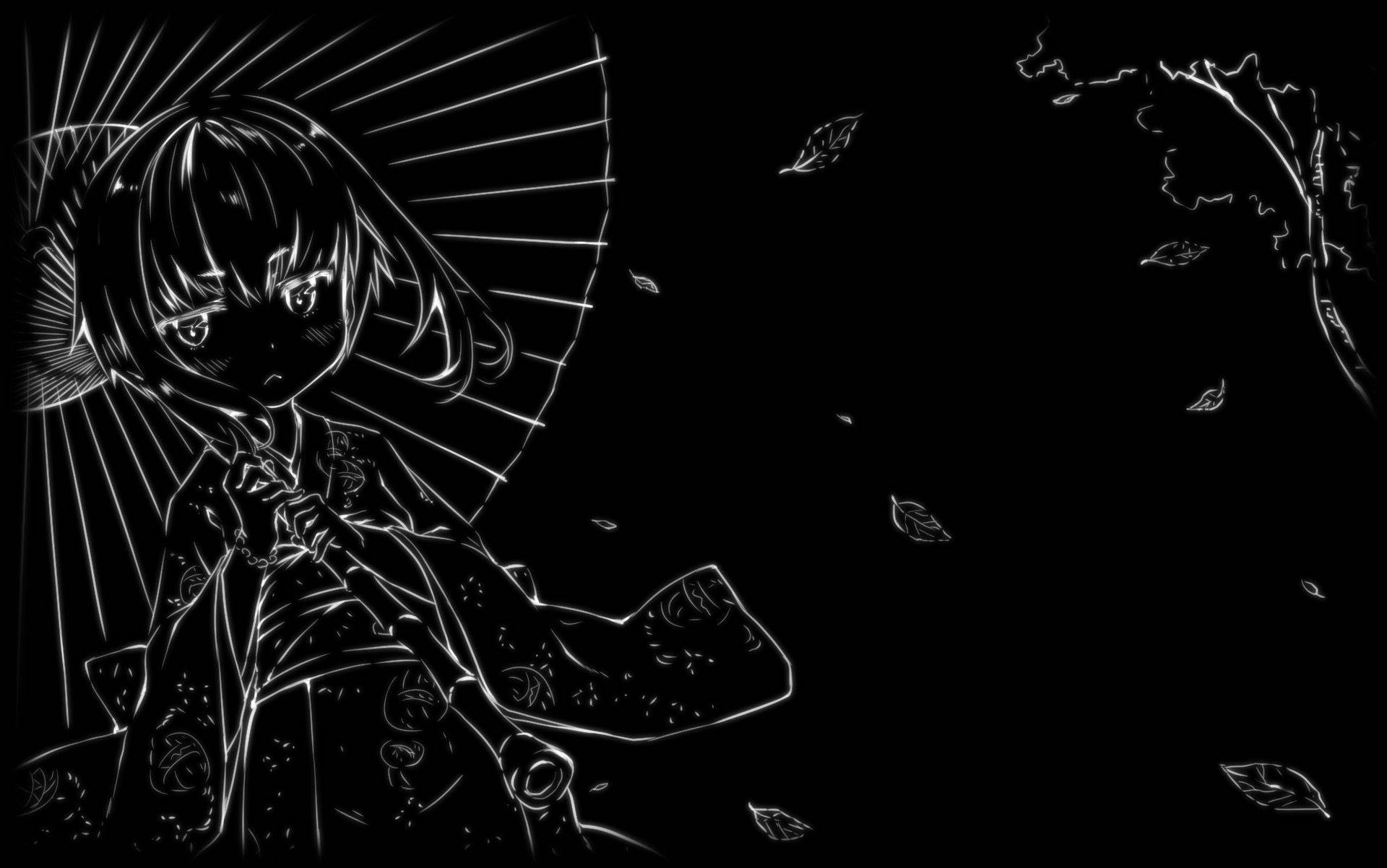 white line-art anime girl, sunburst, fan, Full HD Desktop Wallpaper