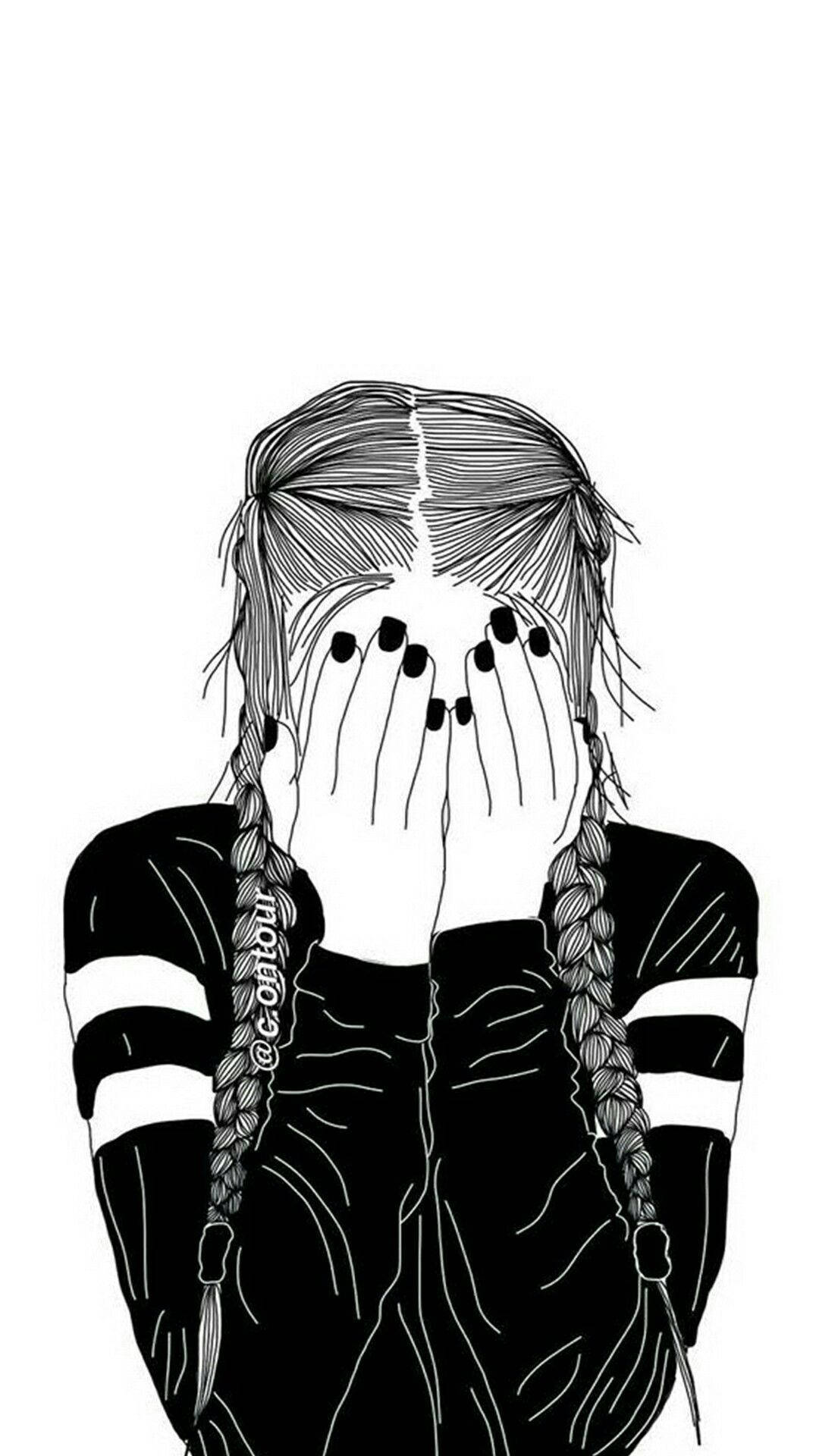 cute black and white aesthetic crying girl, black and white line art illustration, person with braided hair, Full HD Phone Wallpaper