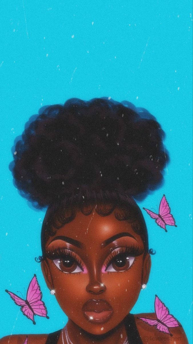Cute Black Girl, pink butterflies, high afro, SD Phone Wallpaper