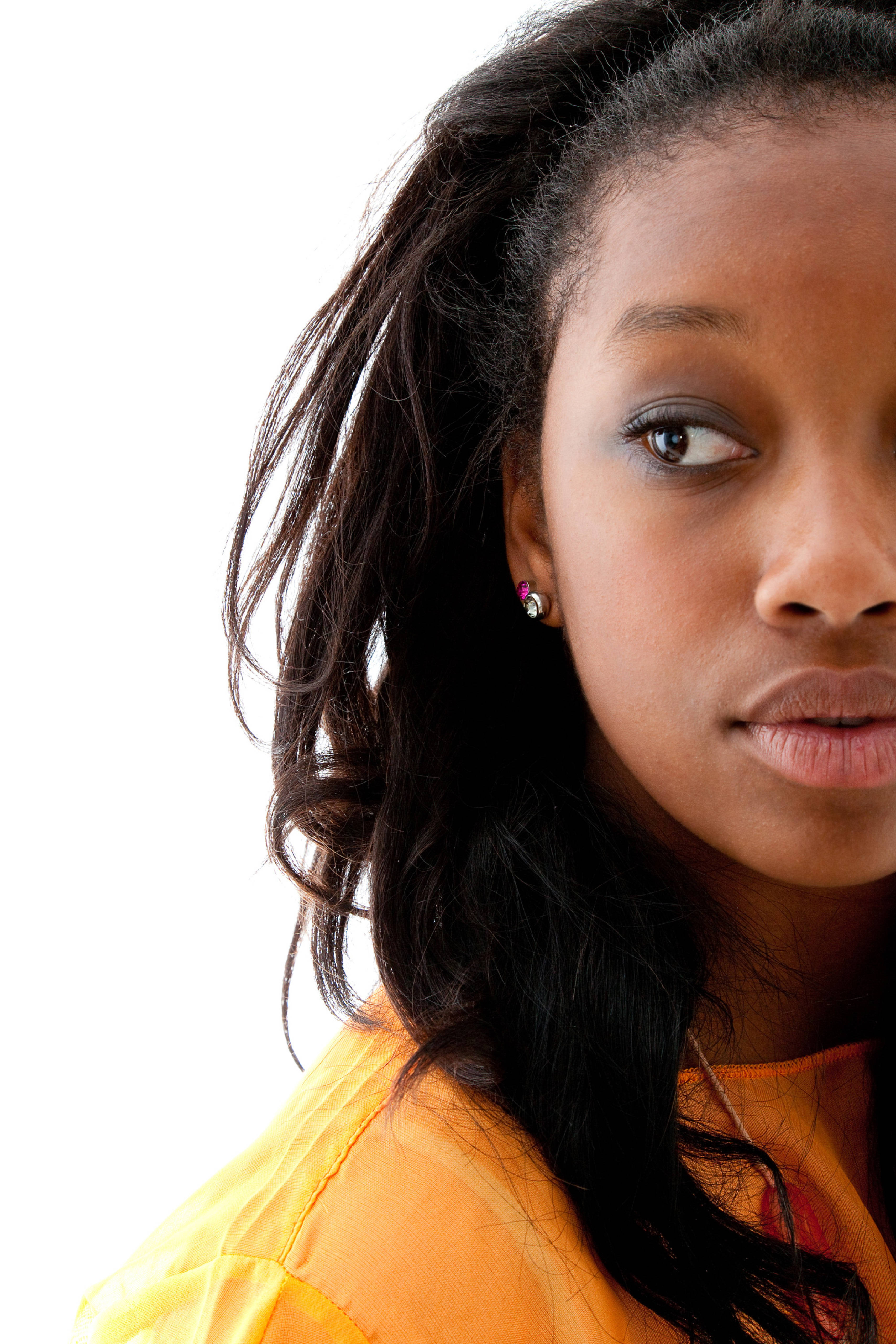 cute black girl, dark hair, bright orange top, 5K Phone Wallpaper
