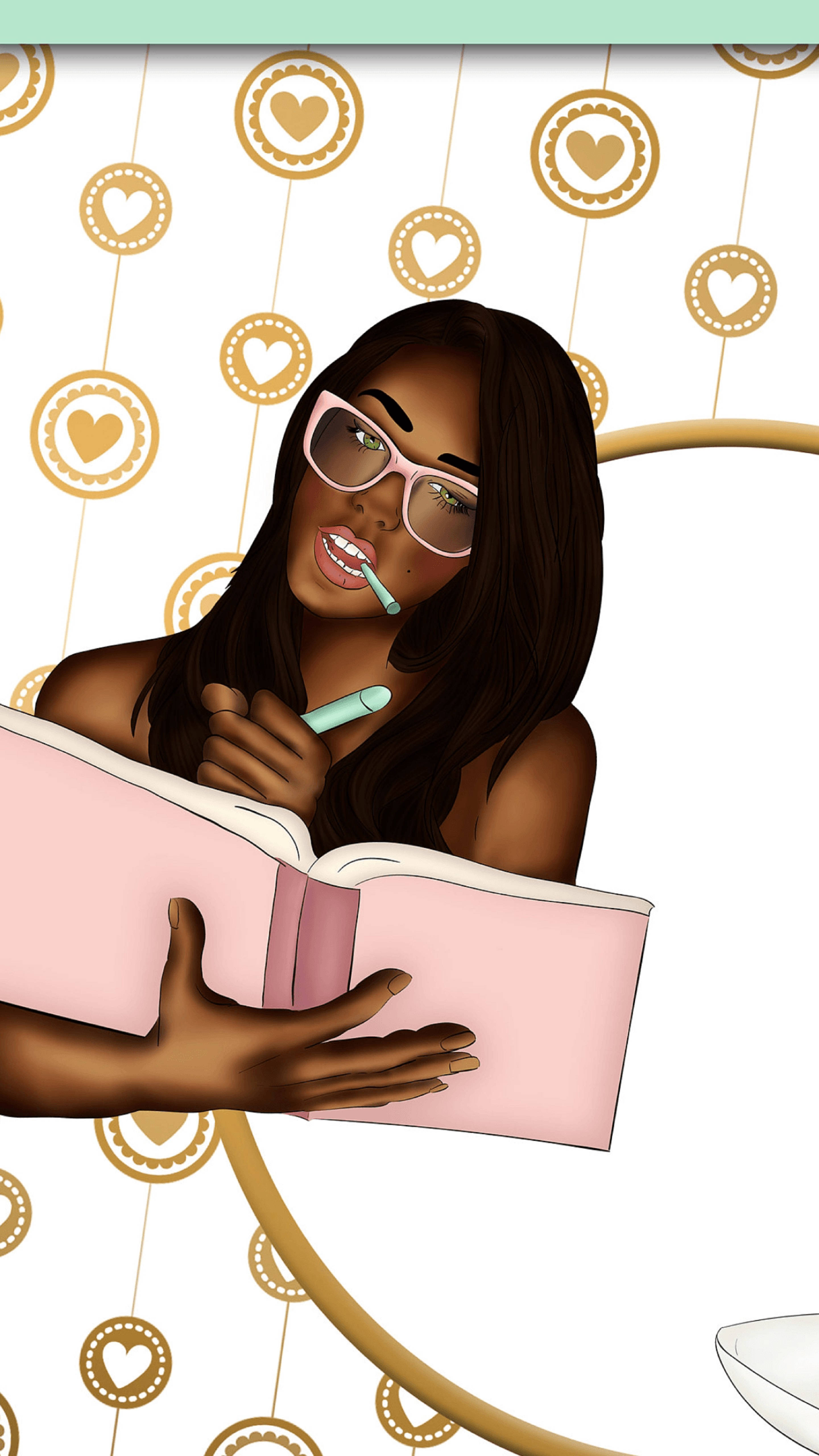 cute black girl, glasses, mint pen, 5K Phone Wallpaper