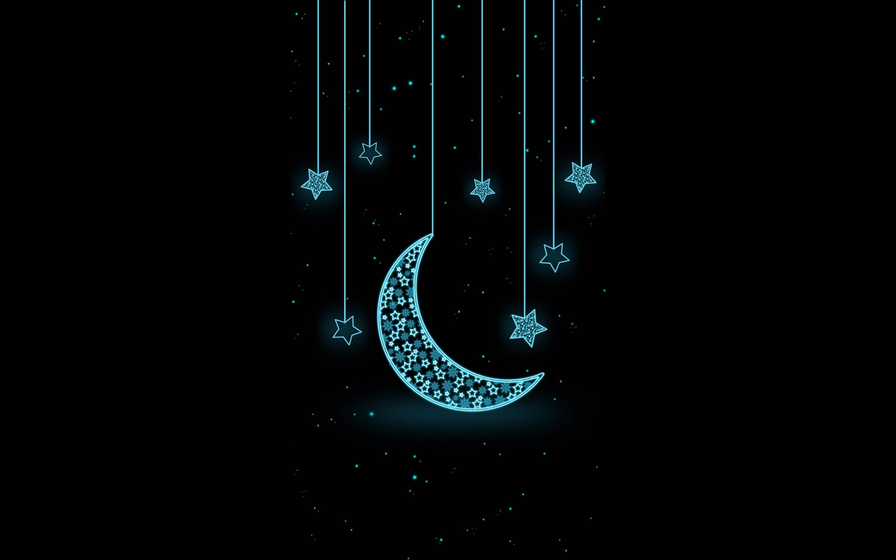 glowing cyan crescent moon, stars, black night sky, 2K Desktop Wallpaper