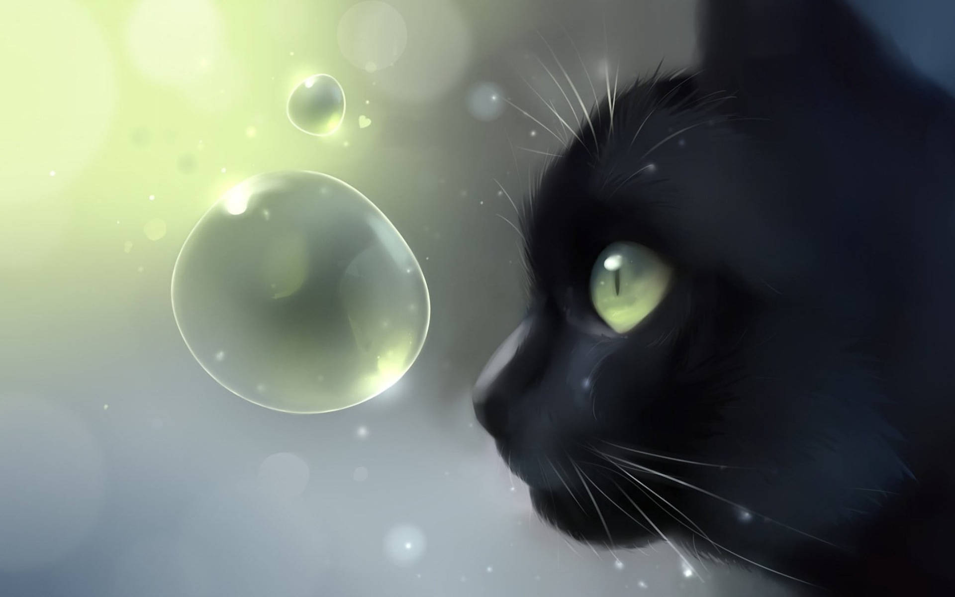 black cat, glowing green eyes, translucent bubble, Full HD Desktop Wallpaper