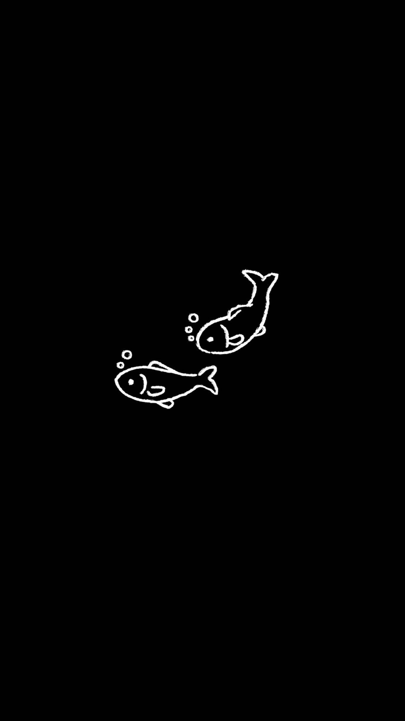 cute black fishes, minimalist white line fish, stark black background, Full HD Phone Wallpaper