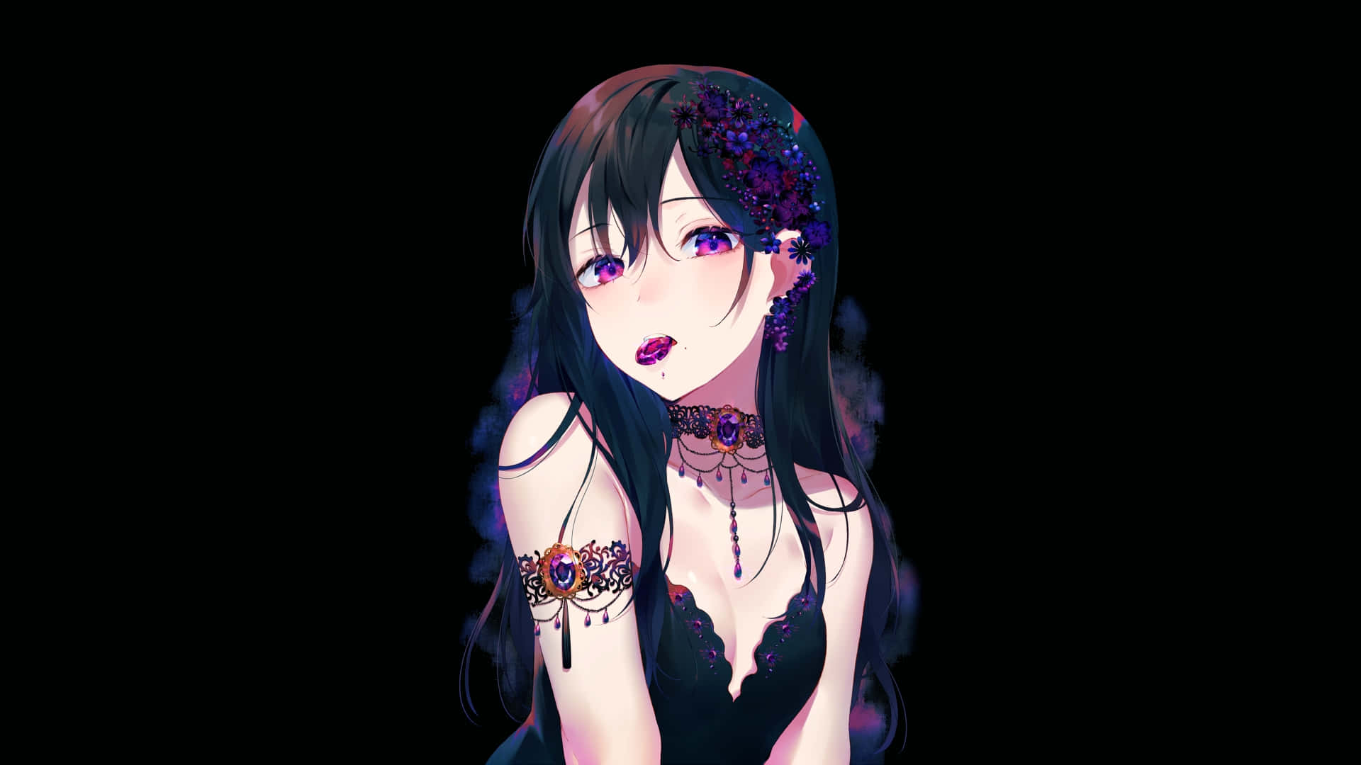Cute Dark Anime Girl, long black hair, purple eyes, Full HD Desktop Wallpaper
