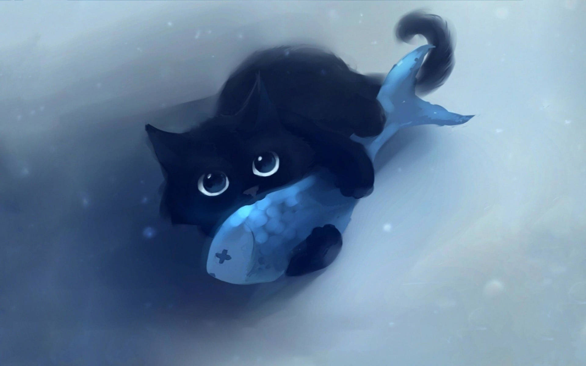 Cute Black Kitten, blue fish tail, hazy underwater scene, Full HD Desktop Wallpaper