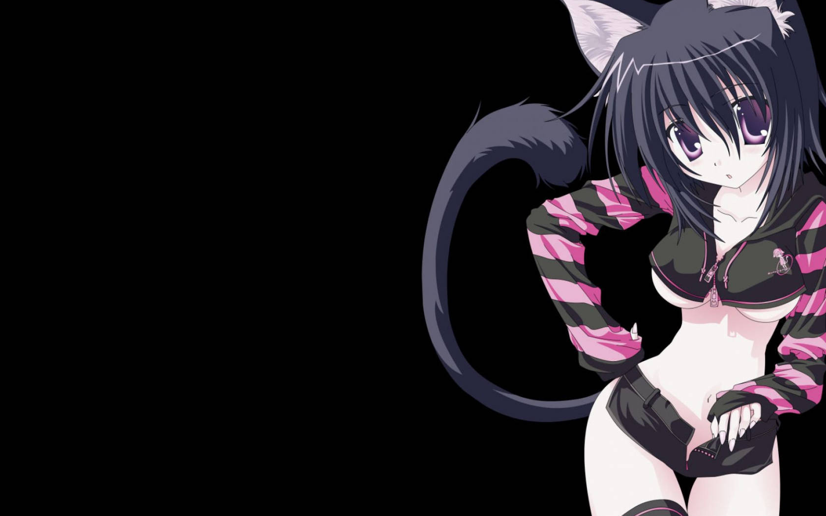 Cute Black Anime Wolf Girl, purple eyes, fluffy tail, HD Desktop Wallpaper