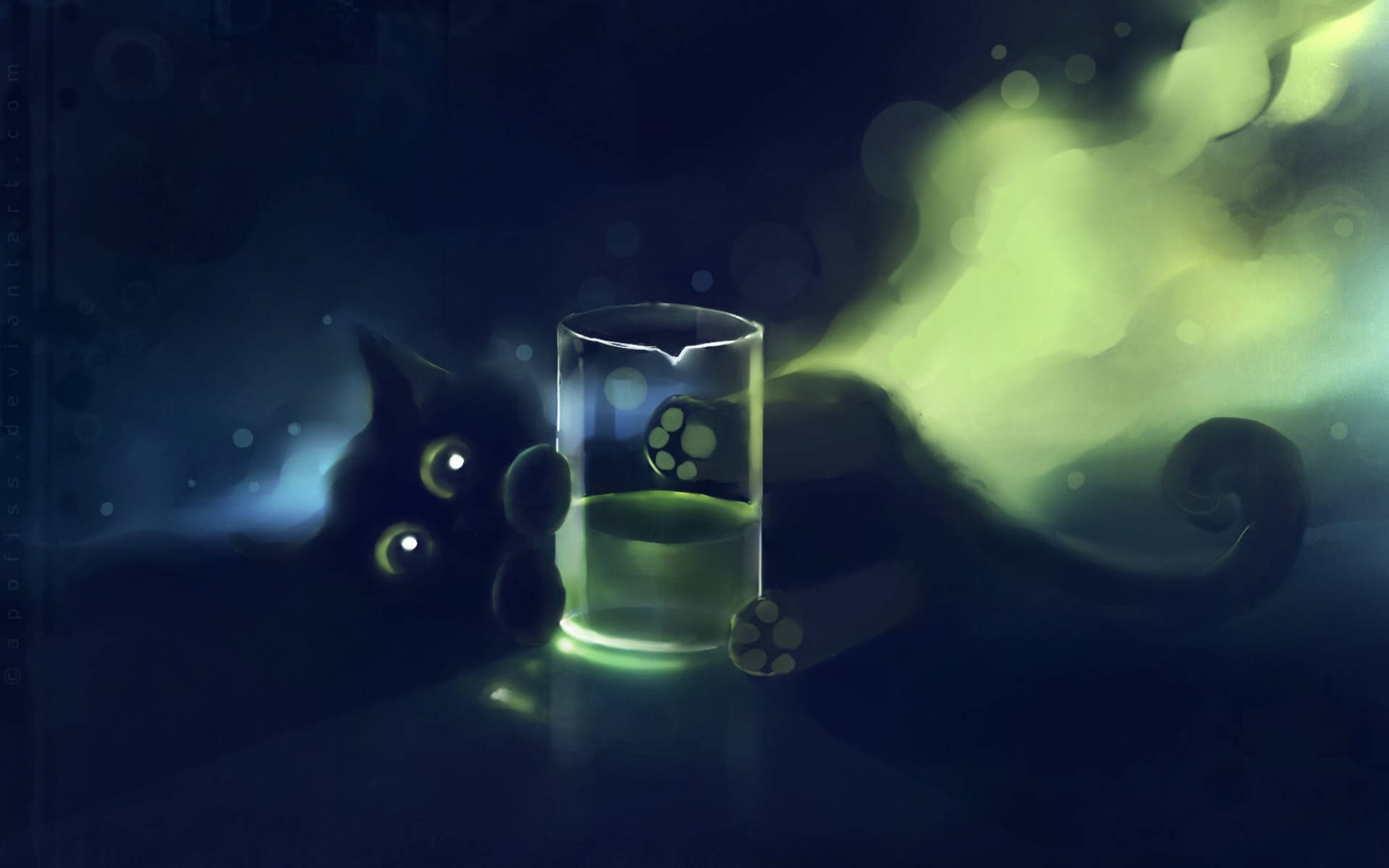 cute black kitten, glowing eyes, glass, Full HD Desktop Wallpaper