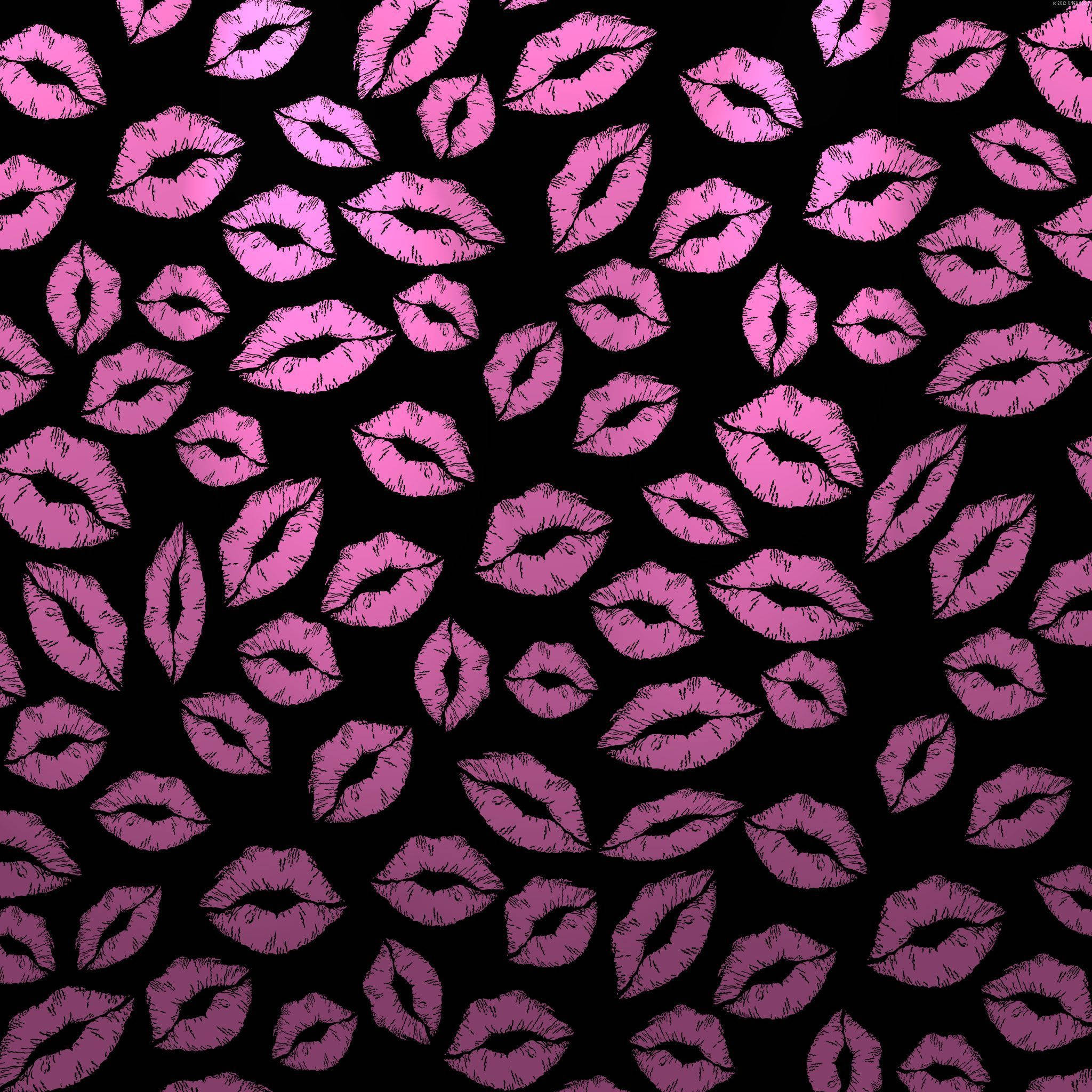 cute black, kiss mark pattern, pink lips, Full HD Desktop Wallpaper