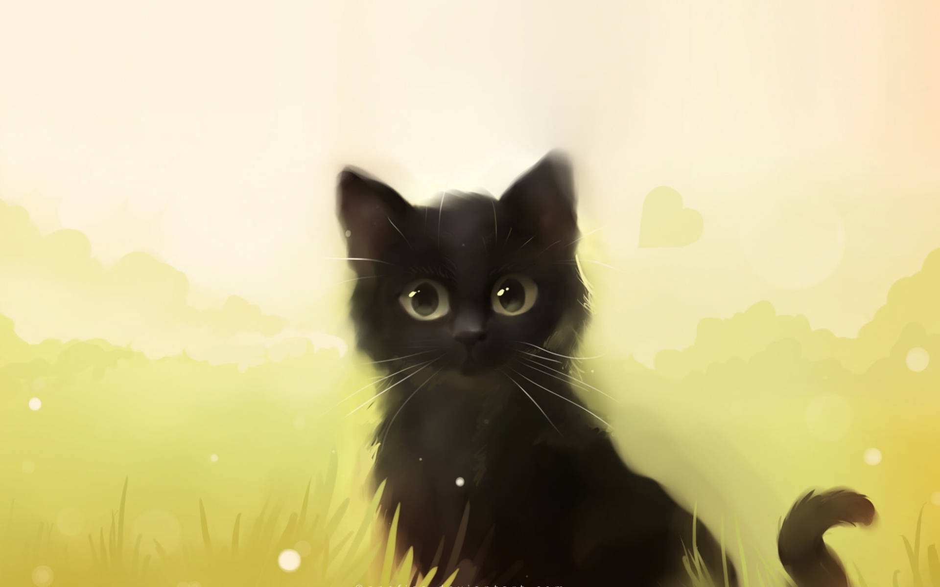 Cute Black Cat, pastel drawing, black kitten, Full HD Desktop Wallpaper
