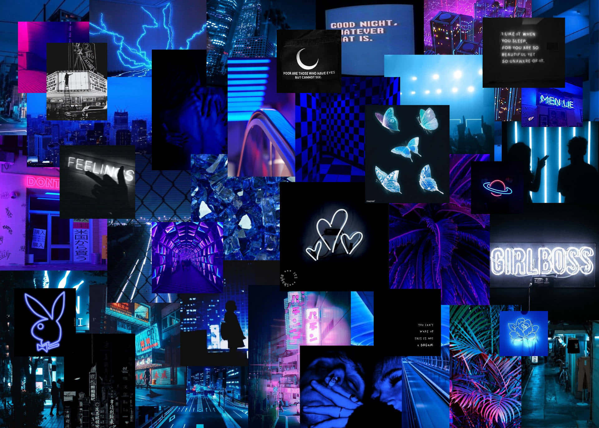 neon collage, cyberpunk cityscapes, glowing blues, Full HD Desktop Wallpaper