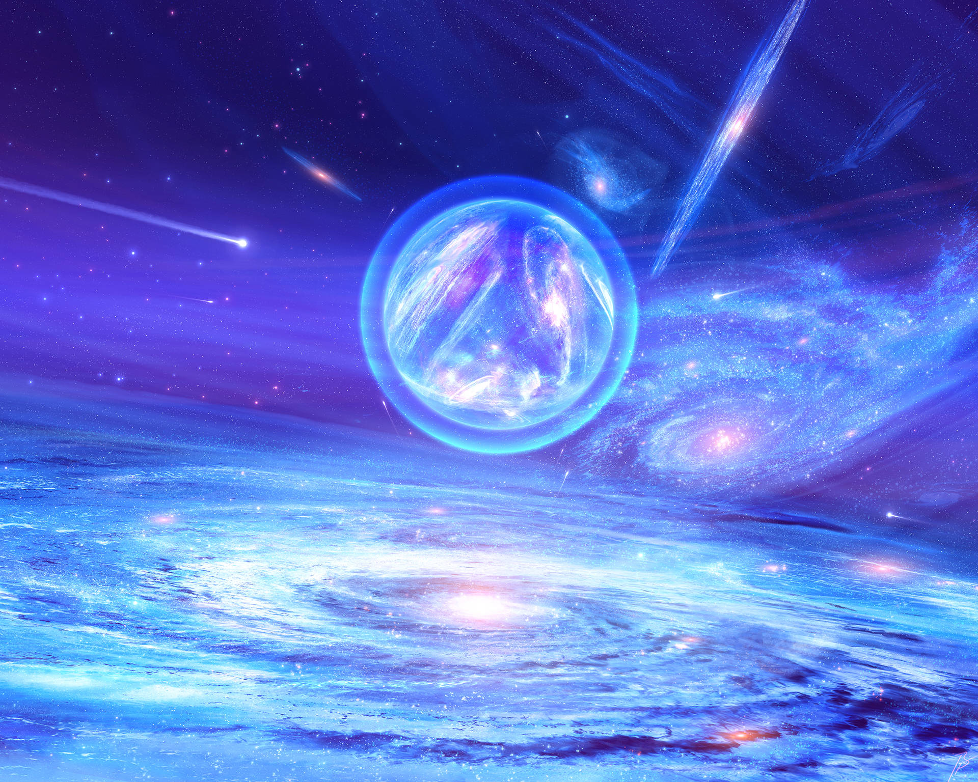 glowing blue orb, swirling galaxy, starry purple sky, Full HD Desktop Wallpaper