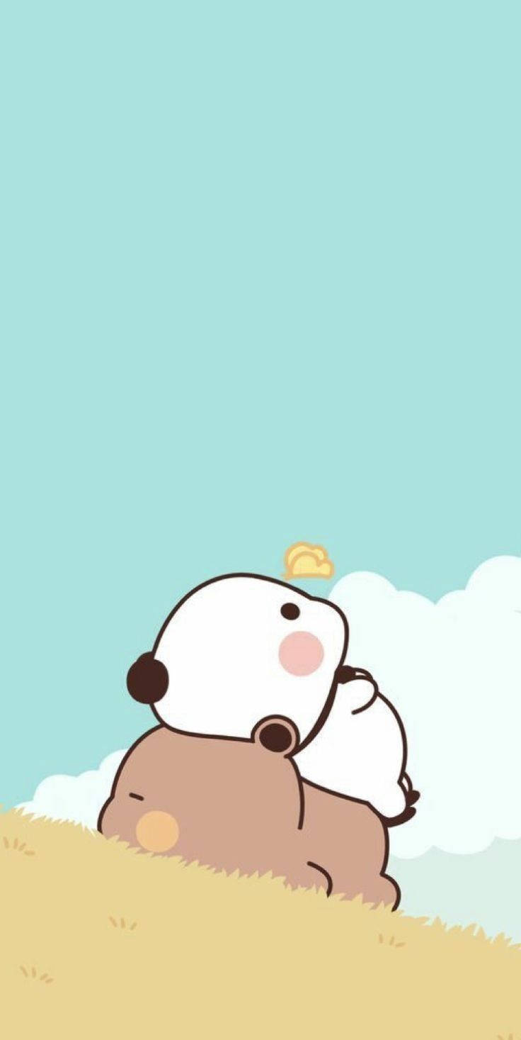 Cute Blue Phone, white brown bear, grassy hill, HD Phone Wallpaper