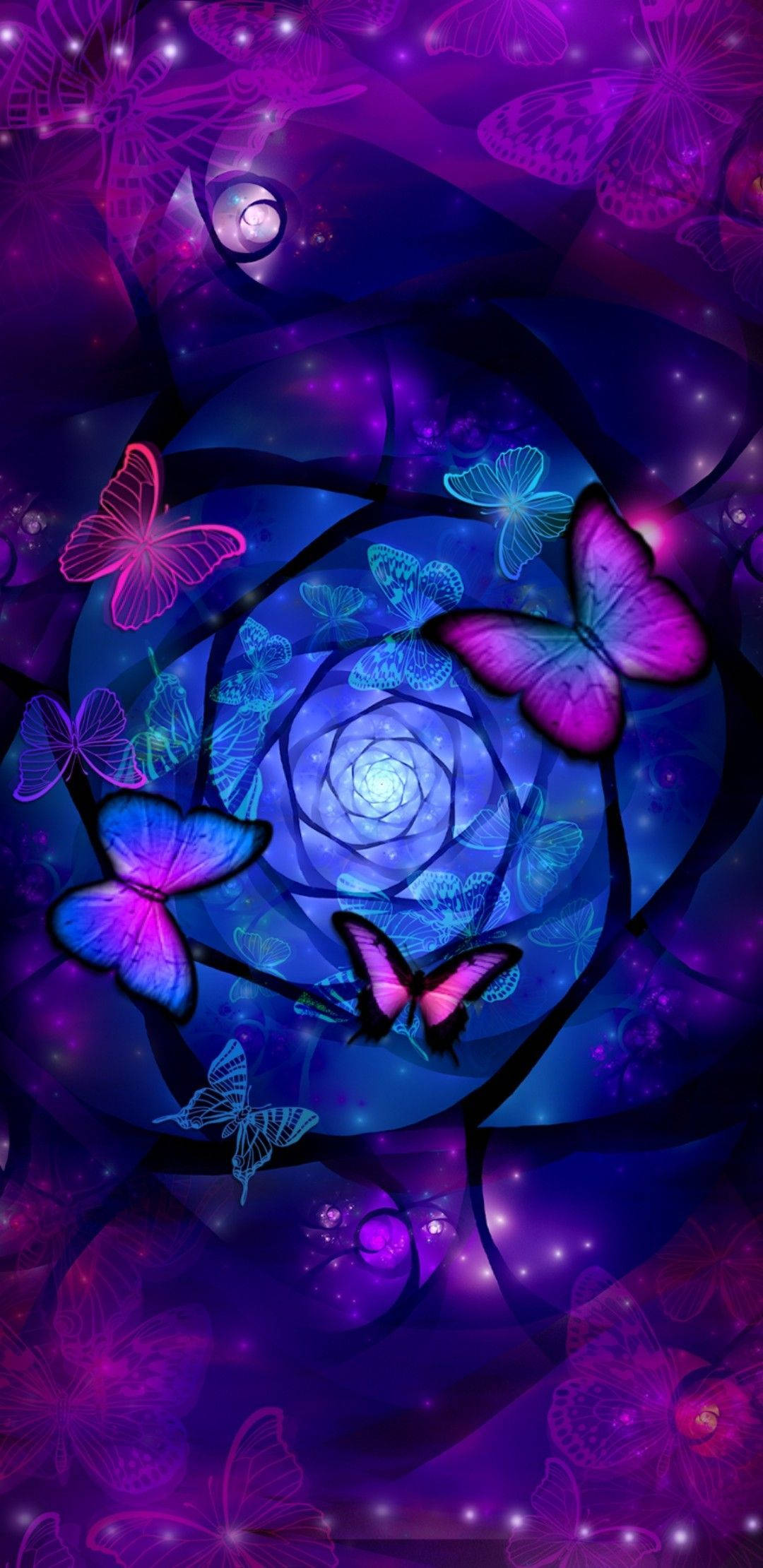 Cute Blue Phone, glowing blue, purple butterflies, Full HD Phone Wallpaper