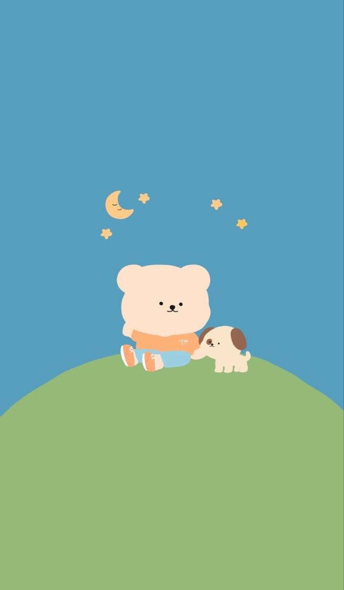 Cute Dog Bear Cartoon Blue Phone, green hill, blue sky, SD Phone Wallpaper