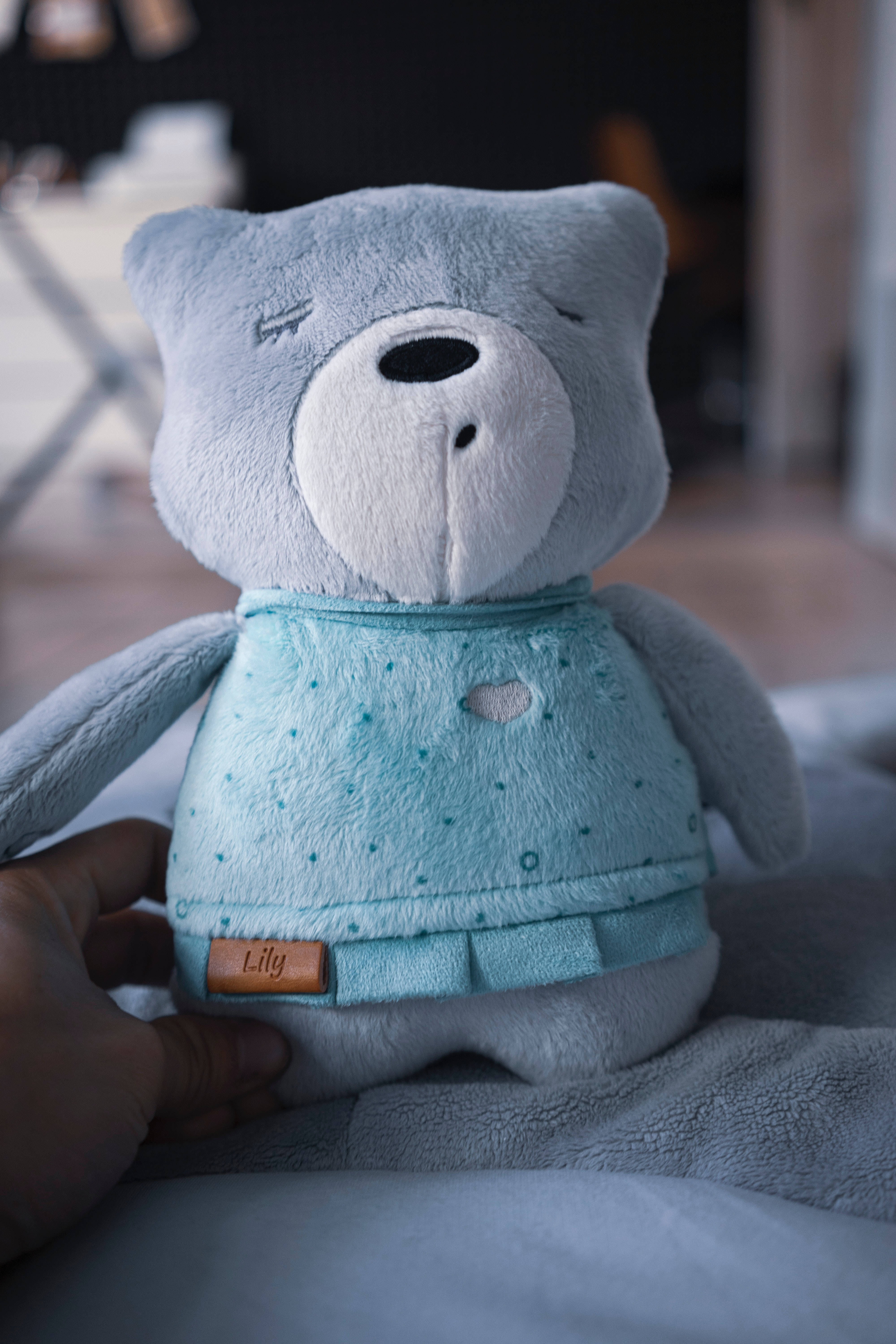Cute Blue Stuffed Bear, light blue, dotted pajama set, 5K Phone Wallpaper