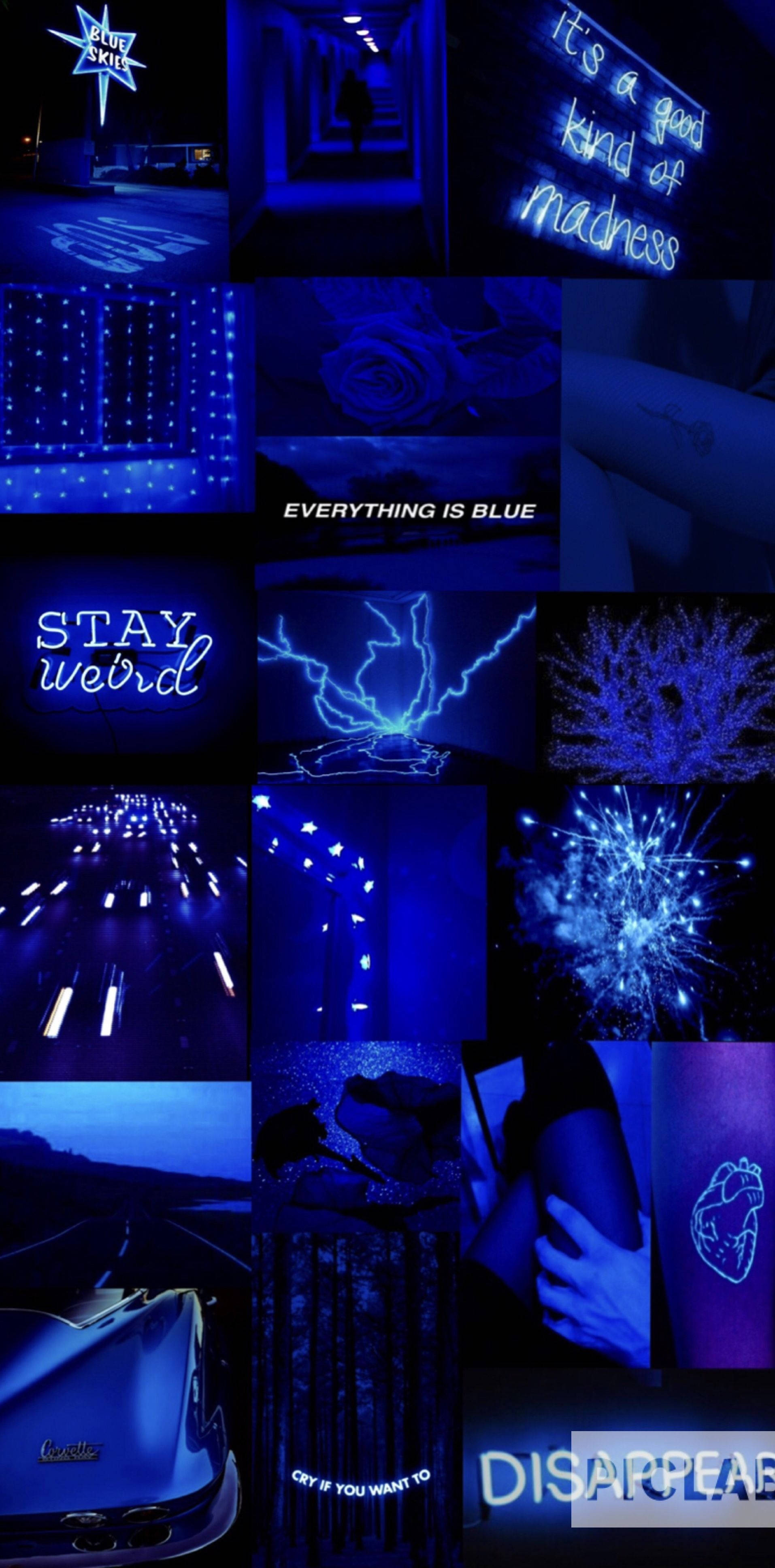 Cute Blue Aesthetic Collage, neon signs, starry patterns, 4K Phone Wallpaper