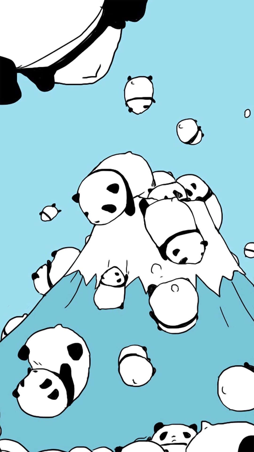 Cute Blue iPhone, cartoon pandas, snowy mountain peak, Full HD Phone Wallpaper