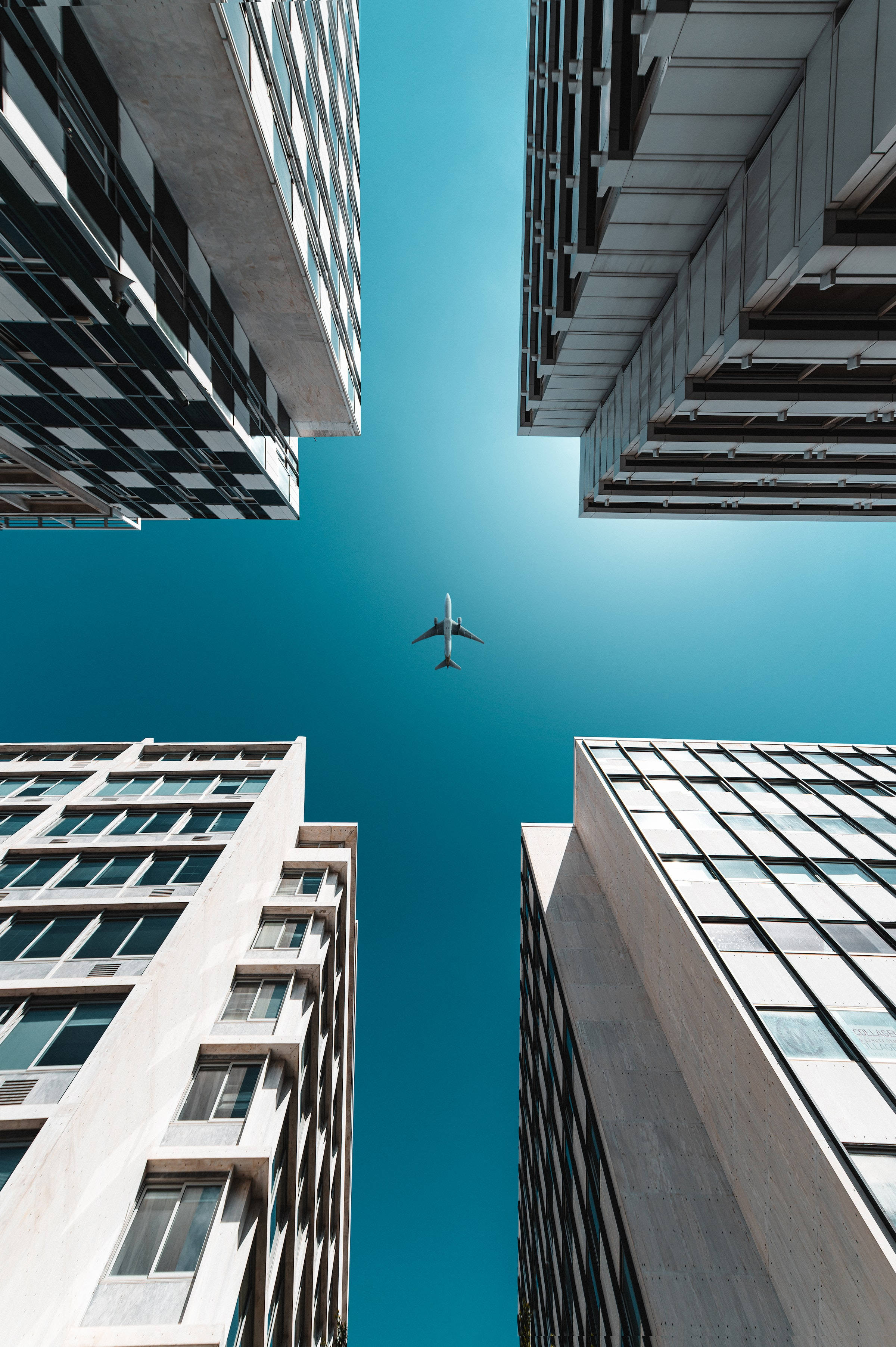 silver airplane, clear blue sky, towering modern buildings, 2K Phone Wallpaper